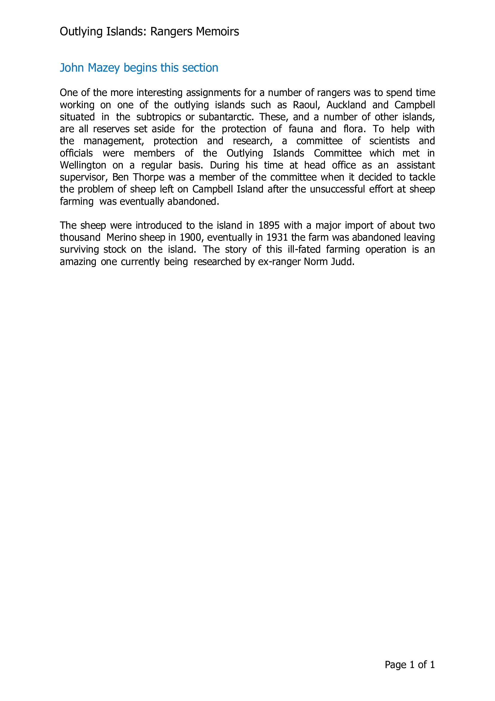 Outlying Islands: John Mazey begins this section