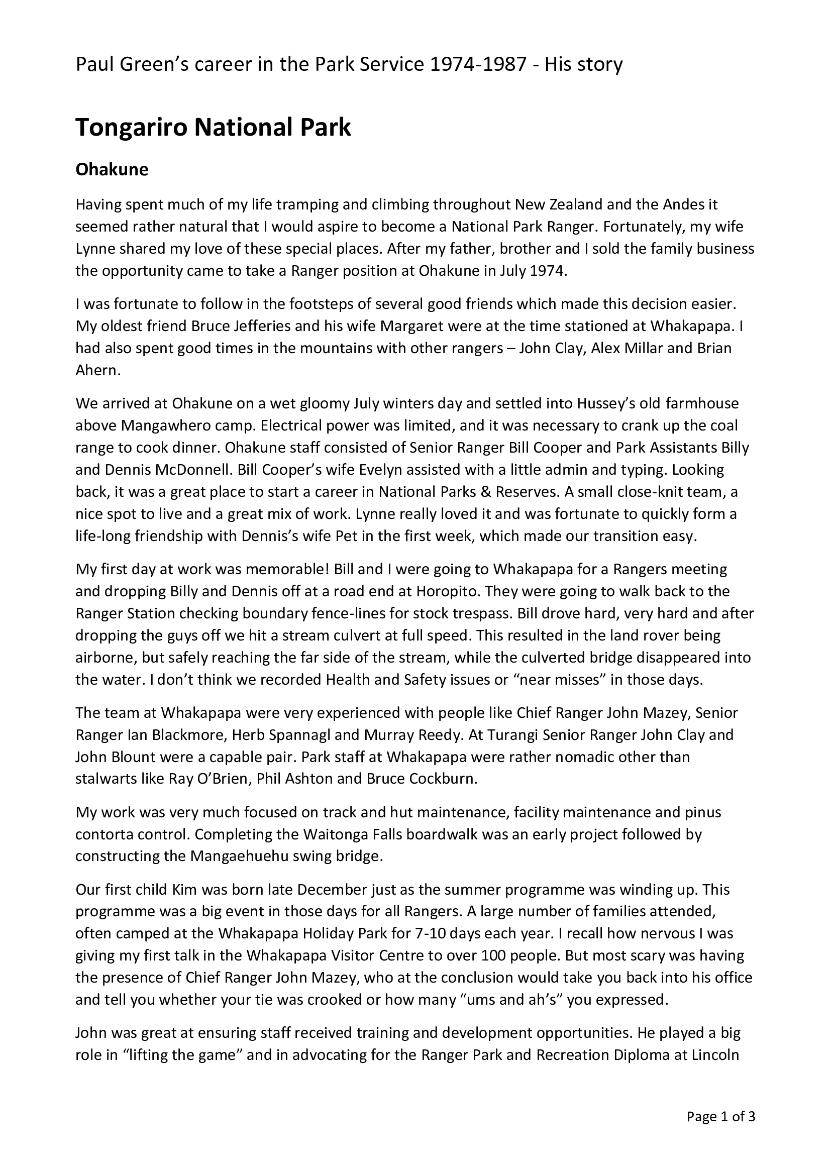 Paul Greens' career in the National Park Service: Tongariro Ohakune