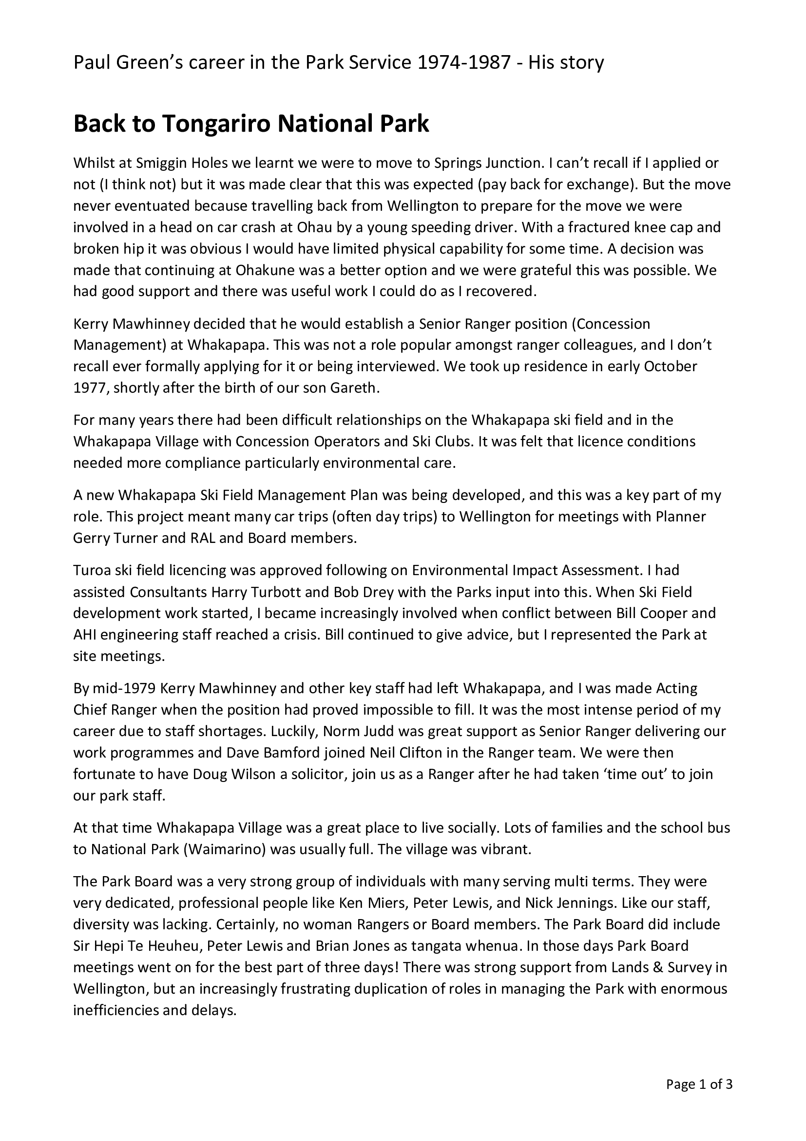 Paul Green's career in the National Park Service: Back to Tongariro National Park