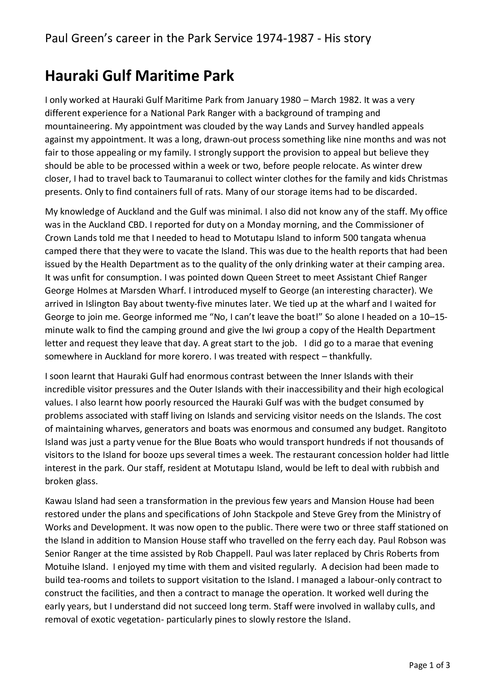 Paul Greens' career in the National Park Service: Hauraki Gulf Maritime Park