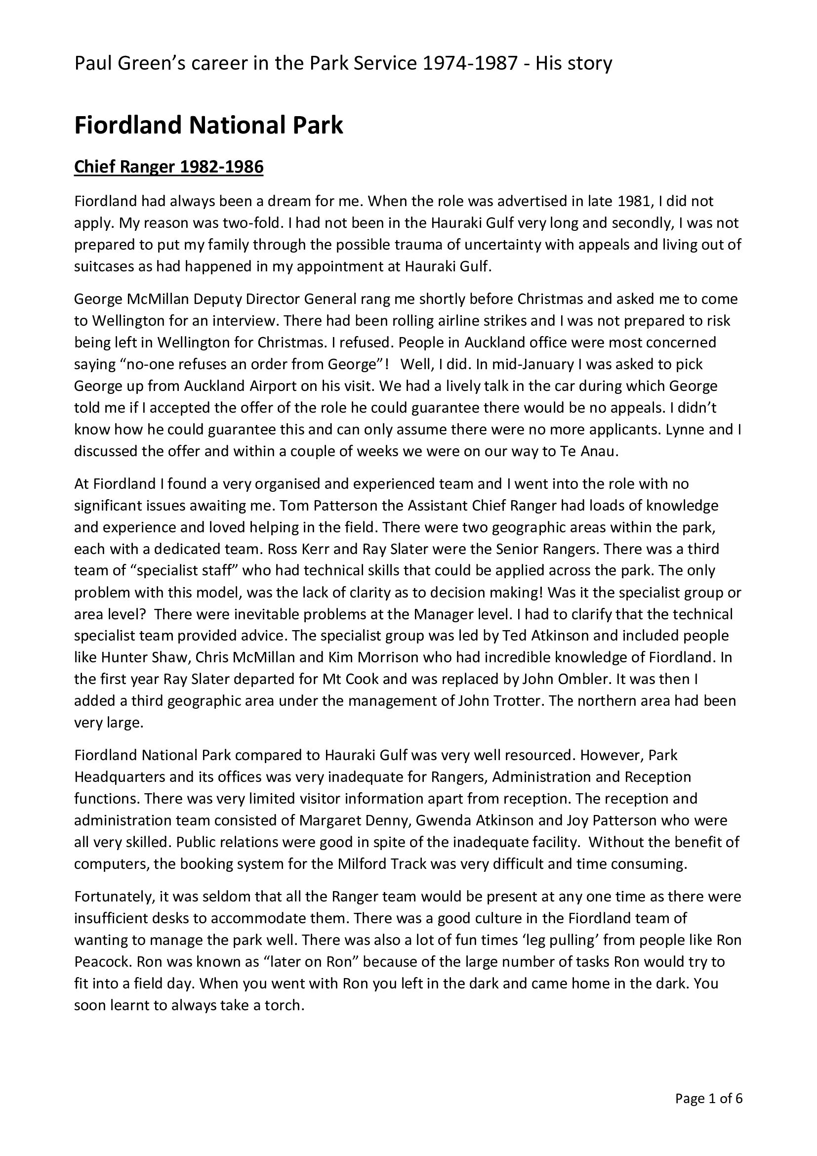 Paul Greens' career in the National Park Service: Fiordland National Park