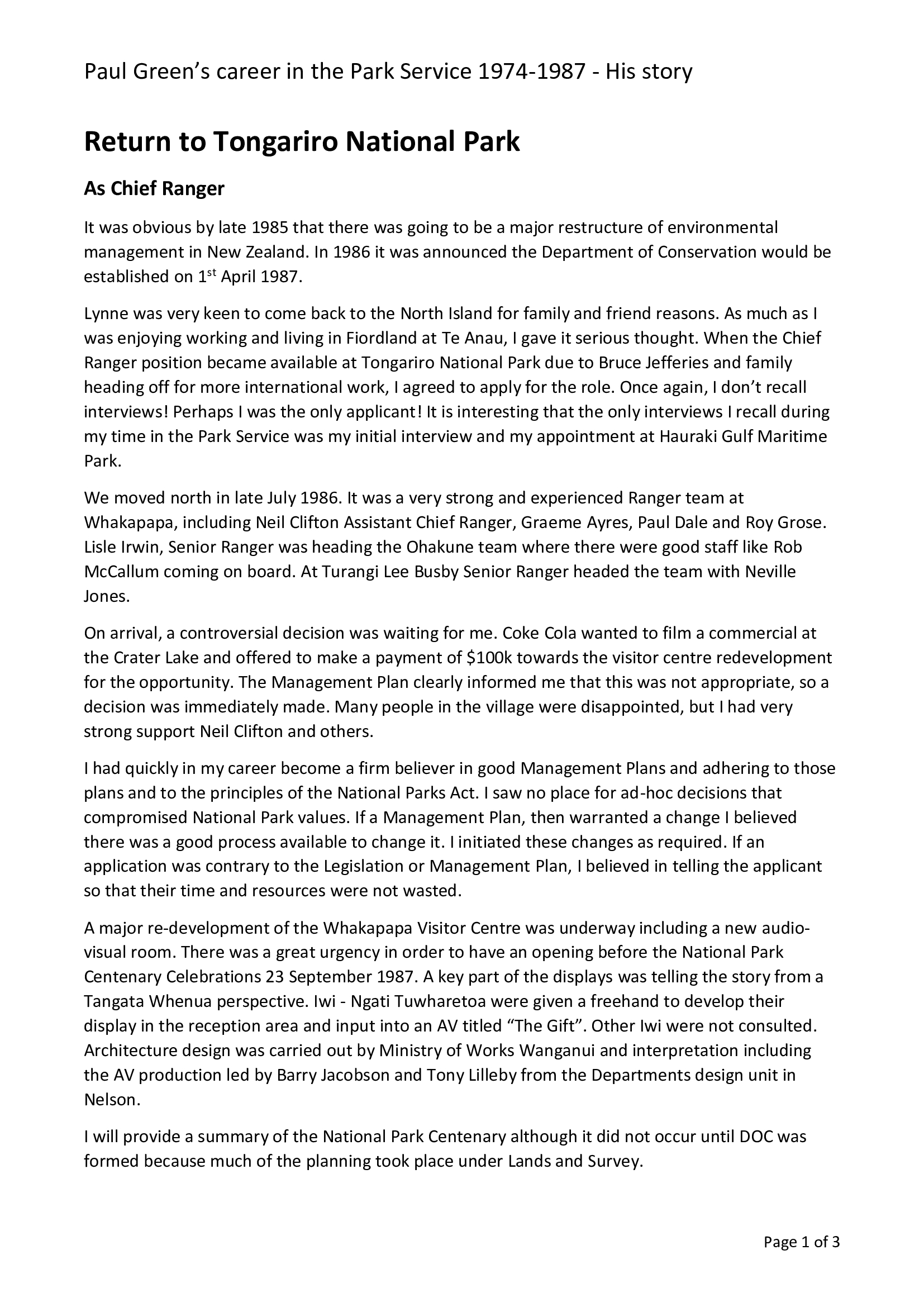 Paul Green's career in the National Park Service: Chief Ranger, Tongariro National Park