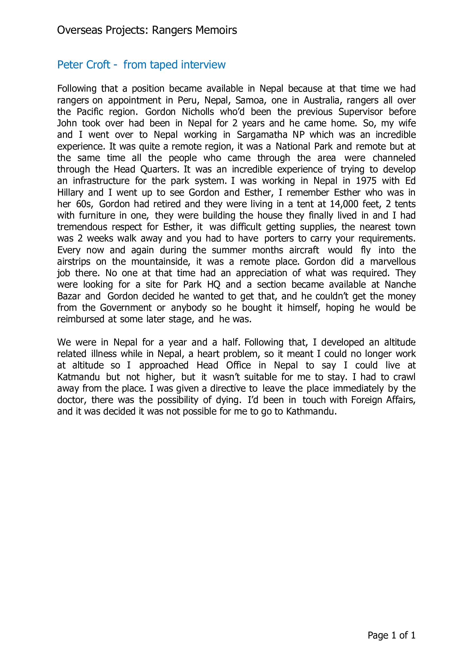 Overseas Projects: Peter Croft - from taped interview