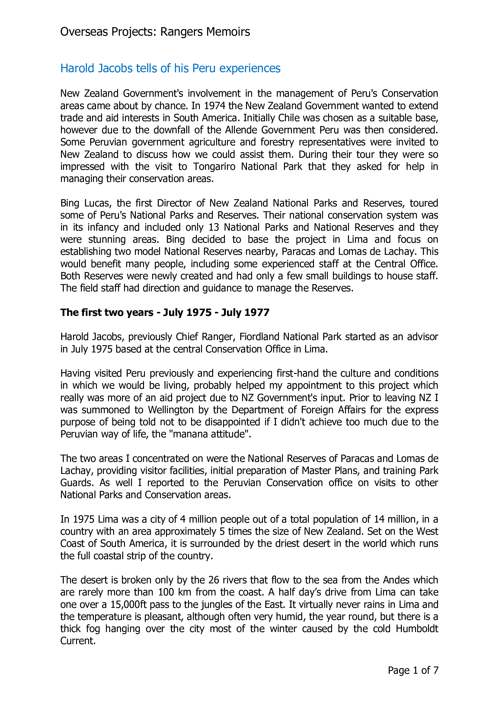 Overseas Projects: Harold Jacobs tells of his Peru experiences