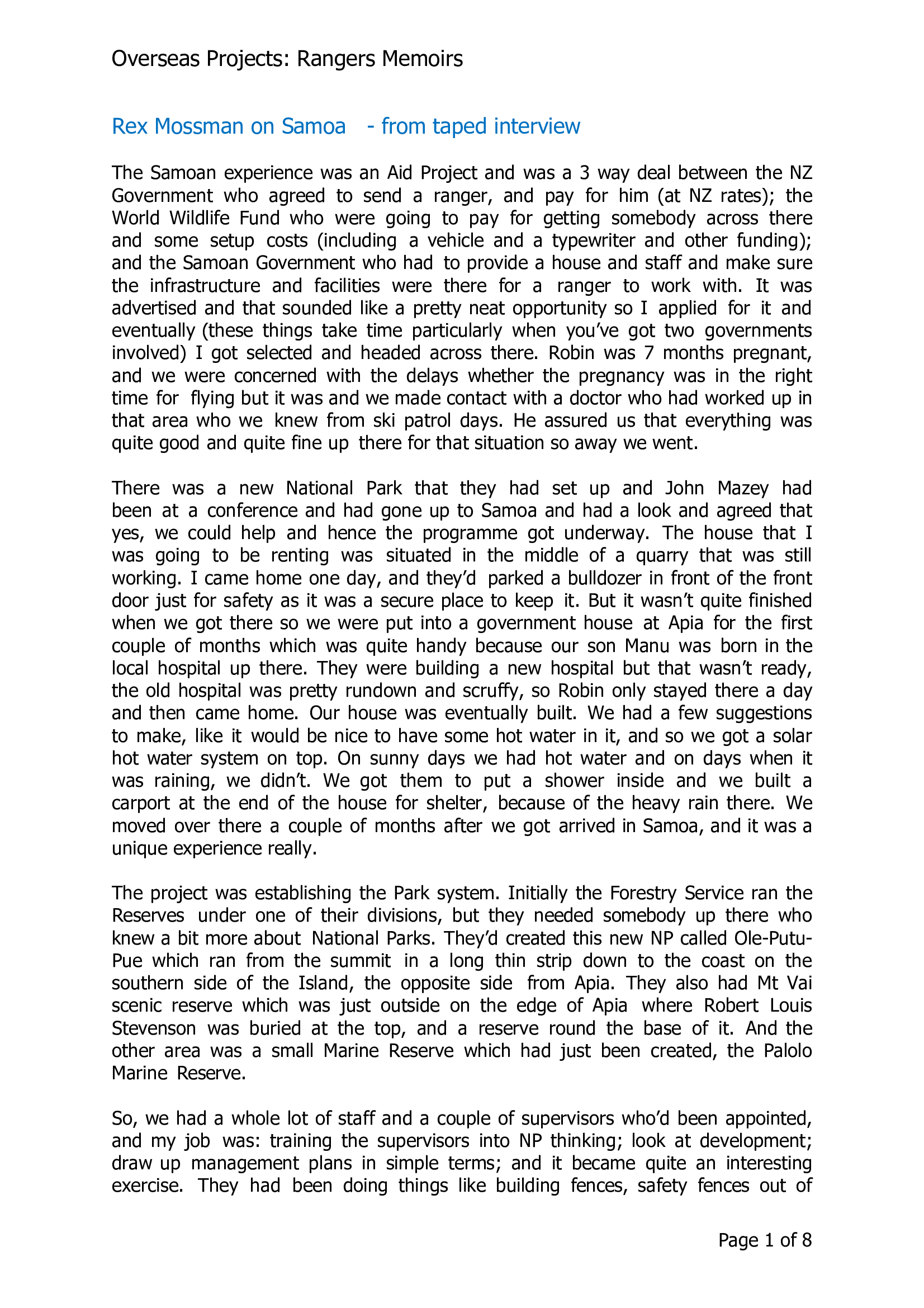 Overseas Projects: Rex Mossman on Samoa-from taped interview and written comments