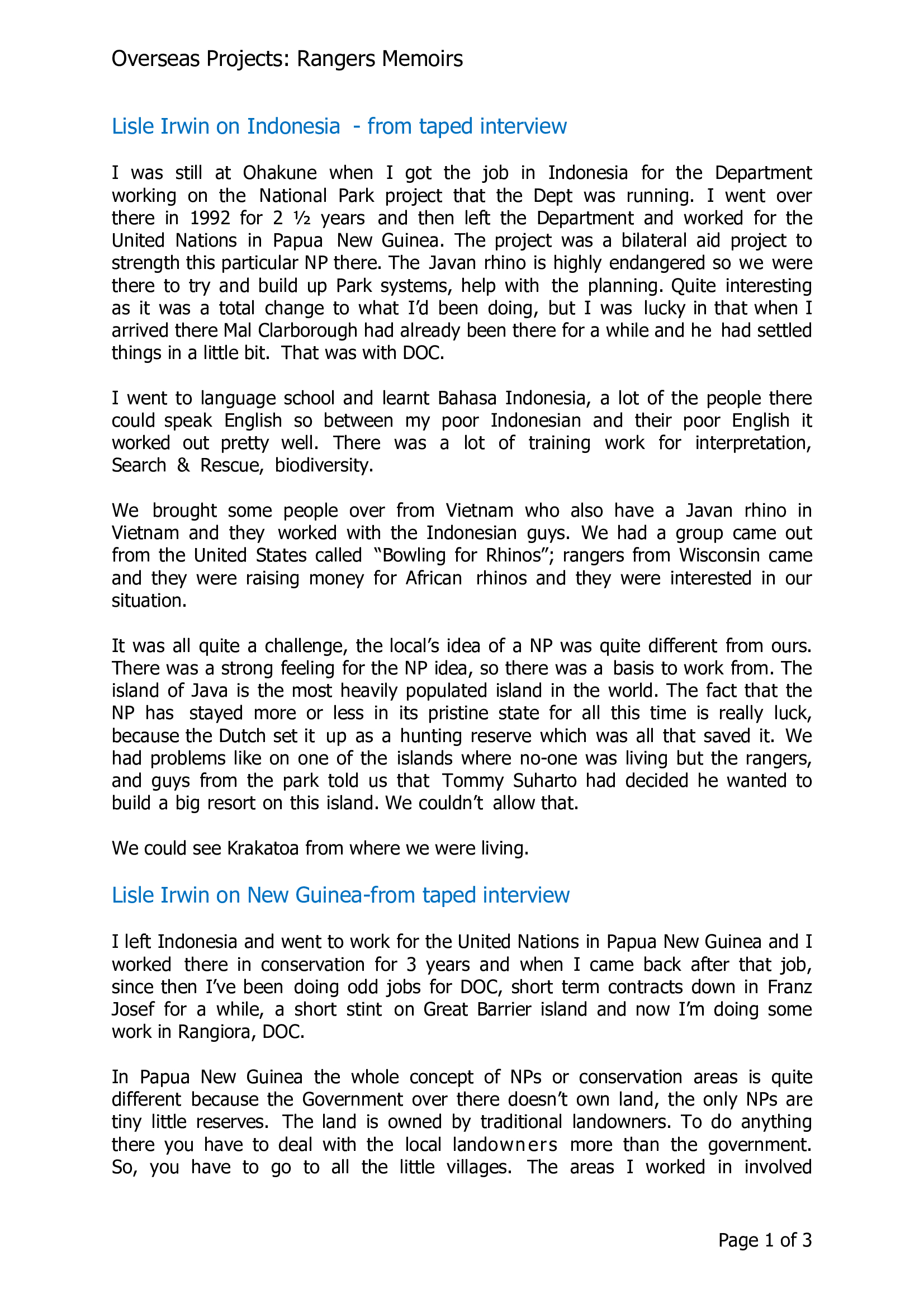 Overseas Projects: Lisle Irwin on Indonesia and New Guinea-from taped interview