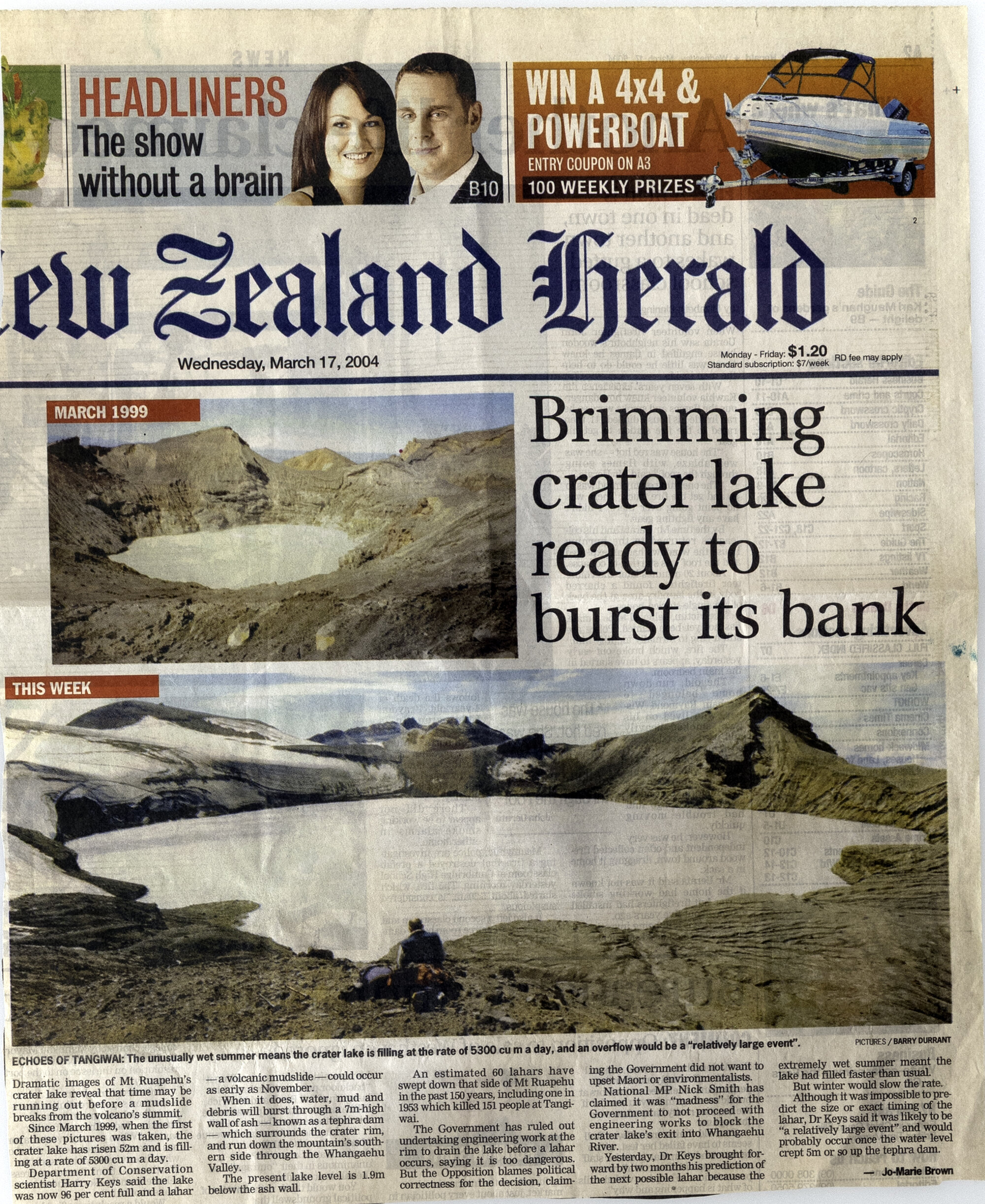 Brimming crater lake ready to burst it's bank: NZ Herald 17/3/2004