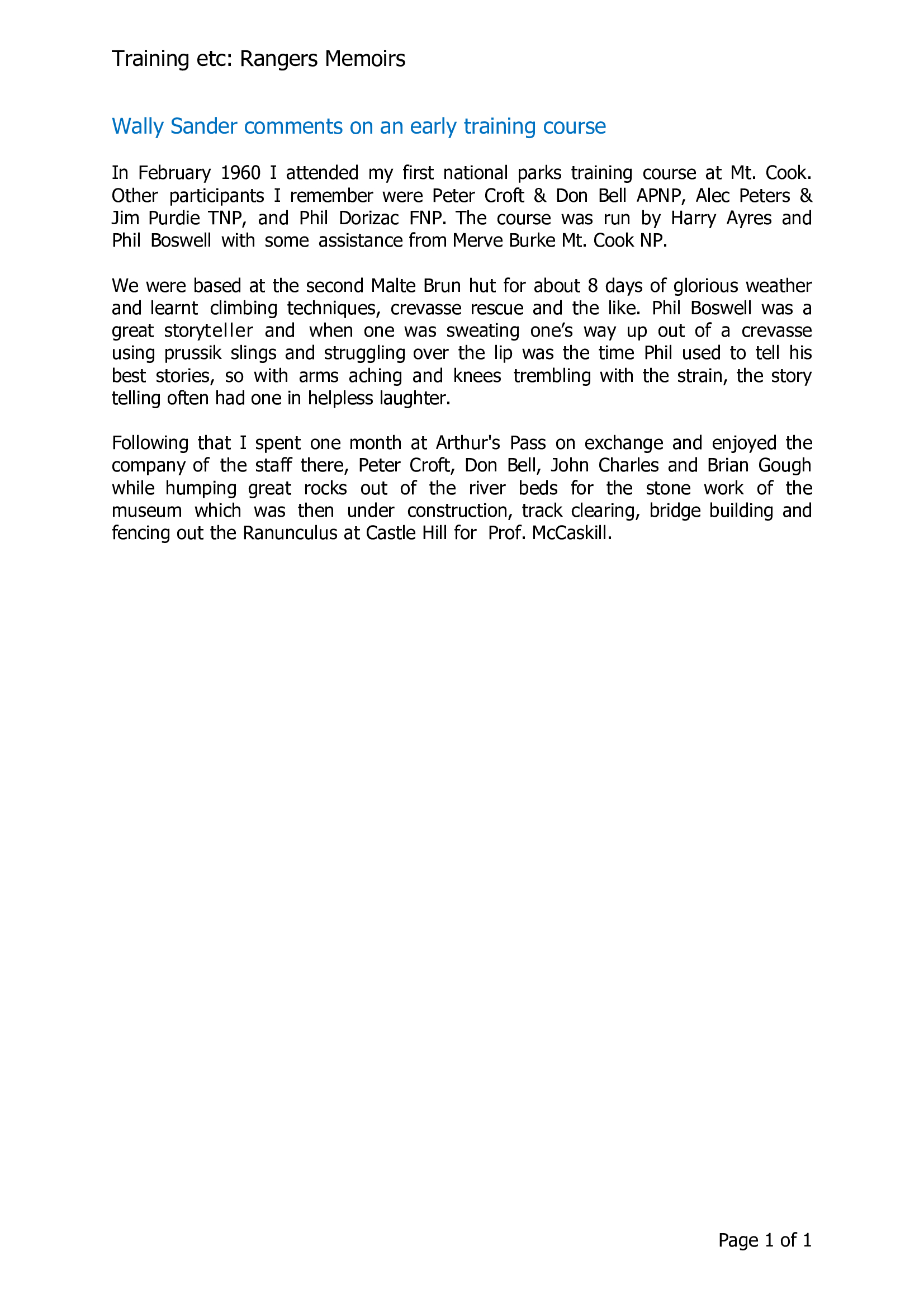 Wally Sander comments on an early training course