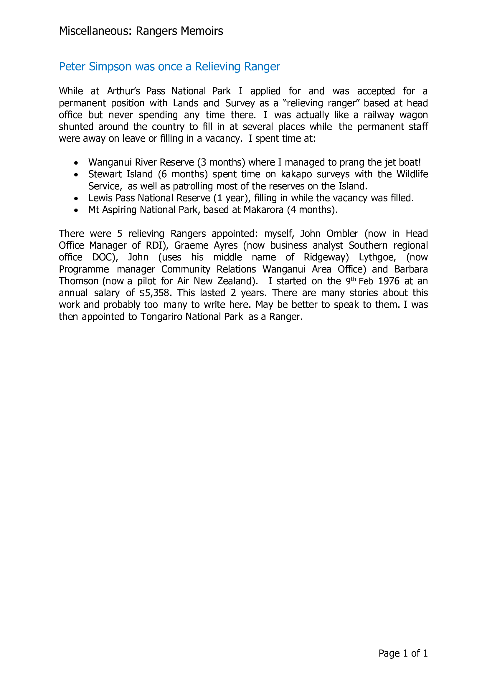 Peter Simpson was once a Relieving Ranger