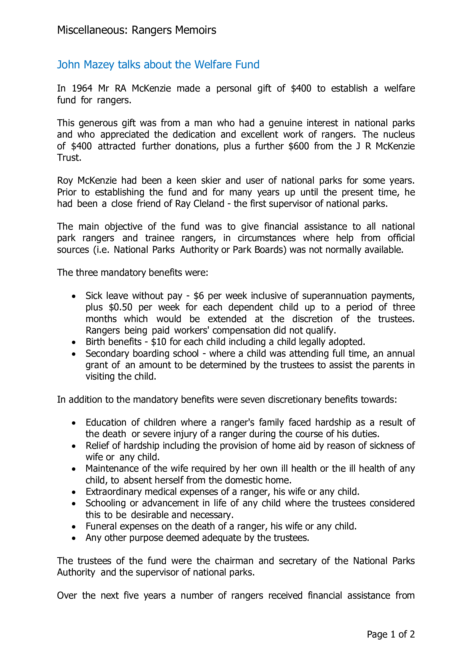 John Mazey talks about the Welfare Fund