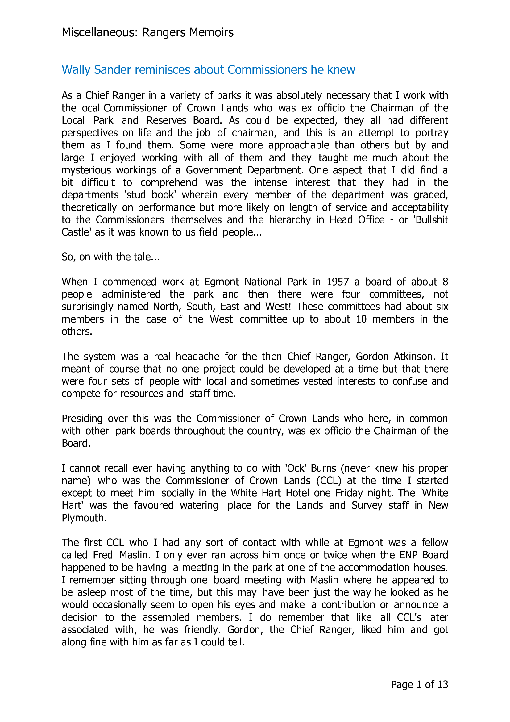 Wally Sander reminisces about Commissioners he knew