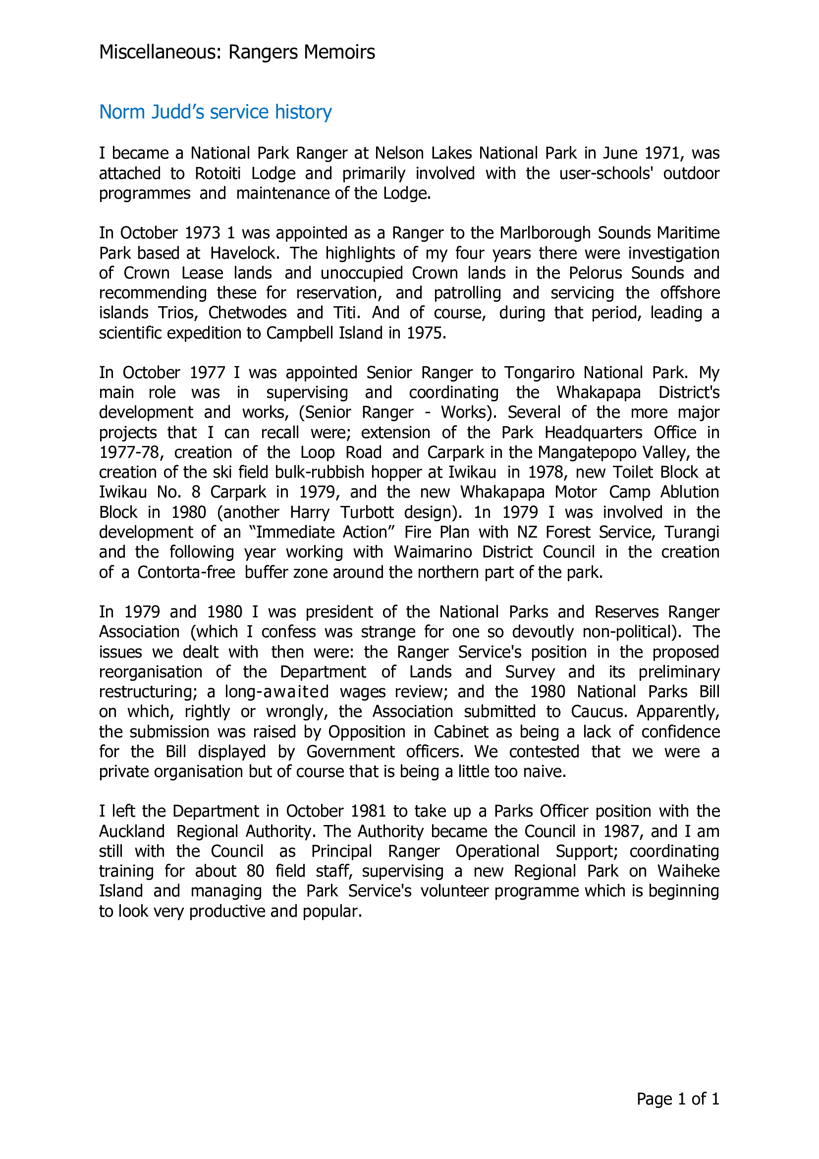 Norm Judd's service history