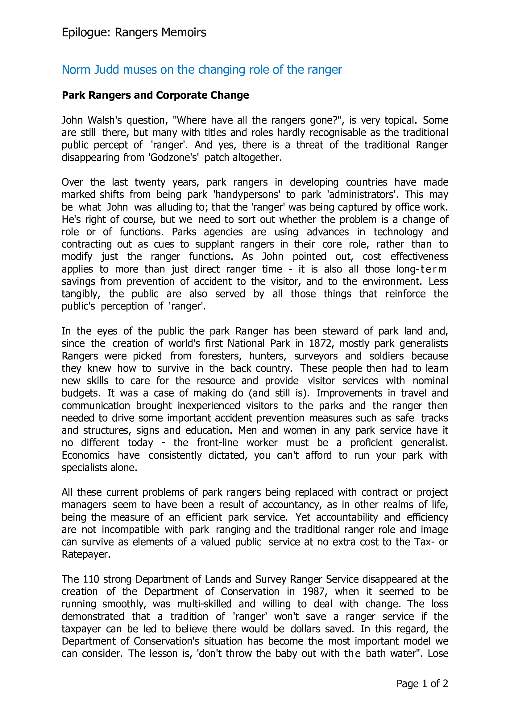 Norm Judd reflects on the changing role of the Ranger