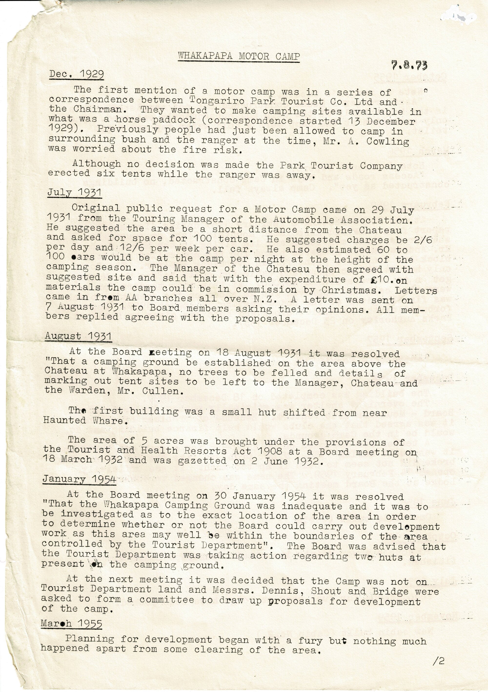 Whakapapa Motor Camp 1929-1973