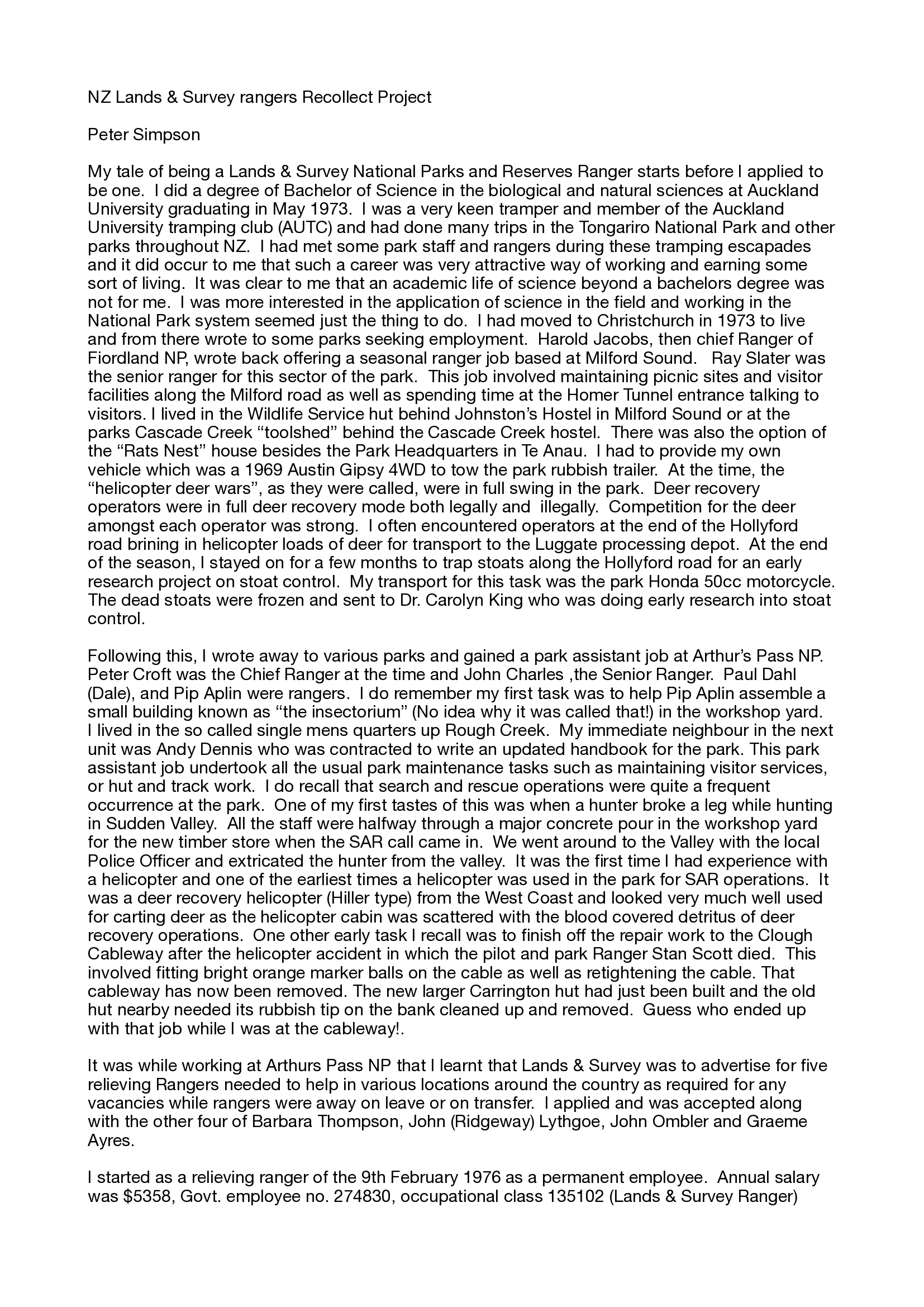 Peter Simpson's career in the National Park Service 1973-1987