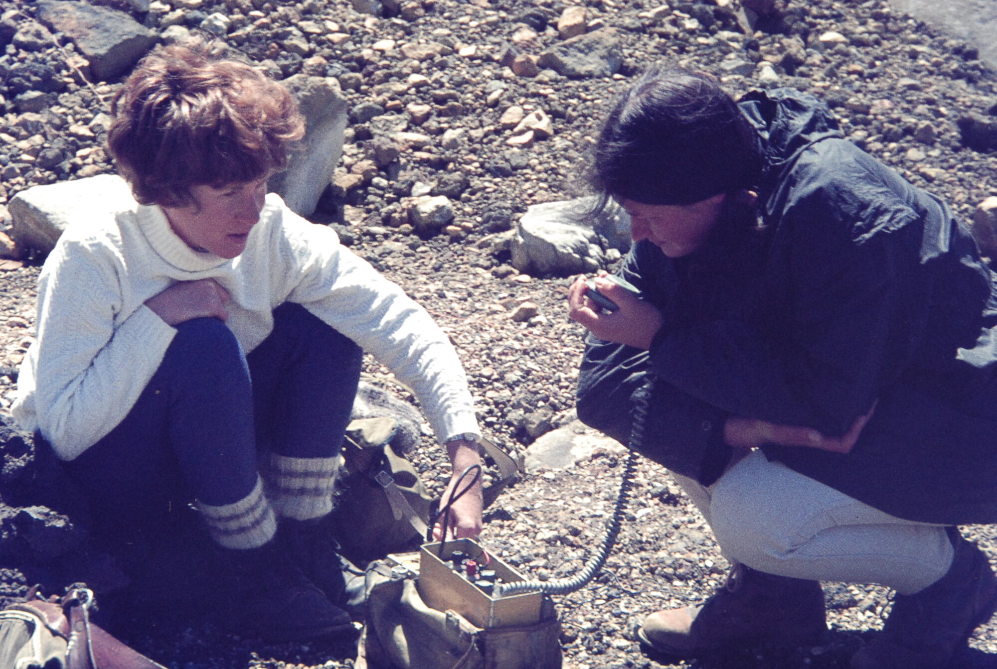 Judith Crist and Robin Mossman using the radio telephone: Tongariro National Park