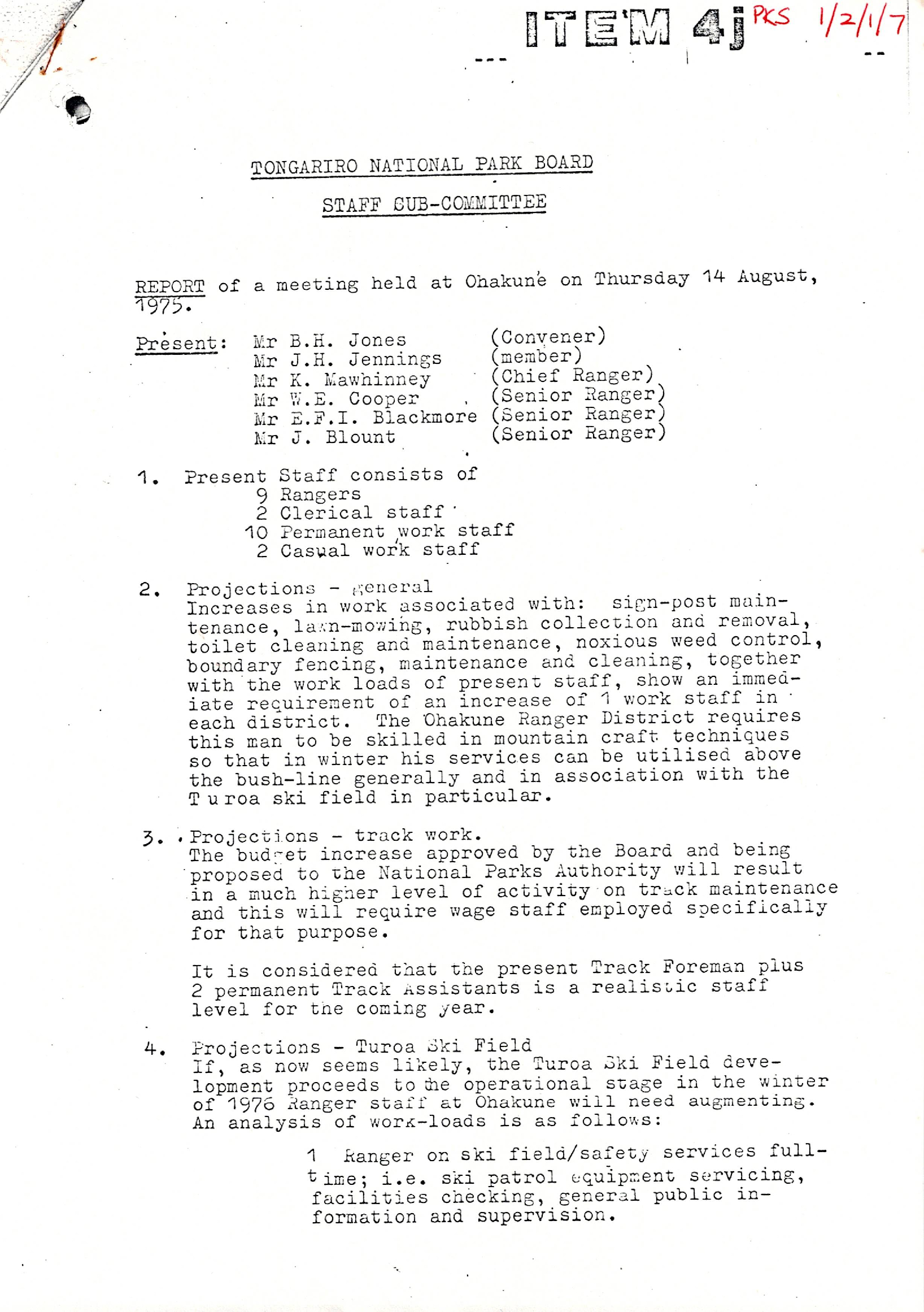 Tongariro NP Board Staff Sub-committee meeting 14 Aug 1975