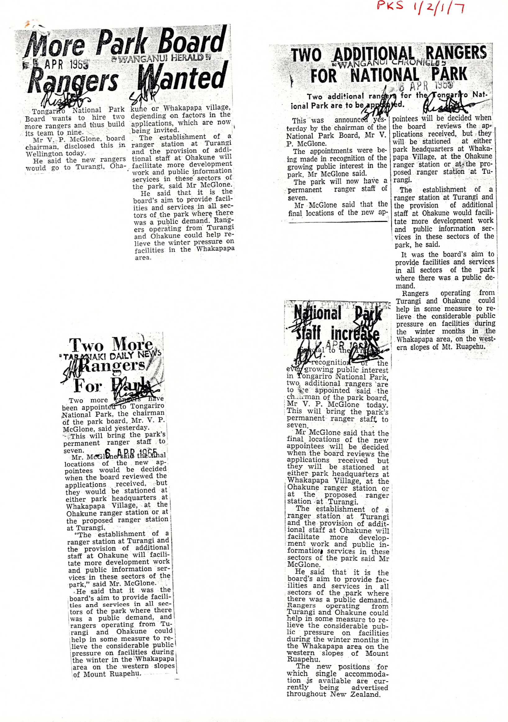 Tongariro Ranger ads media clippings 1965