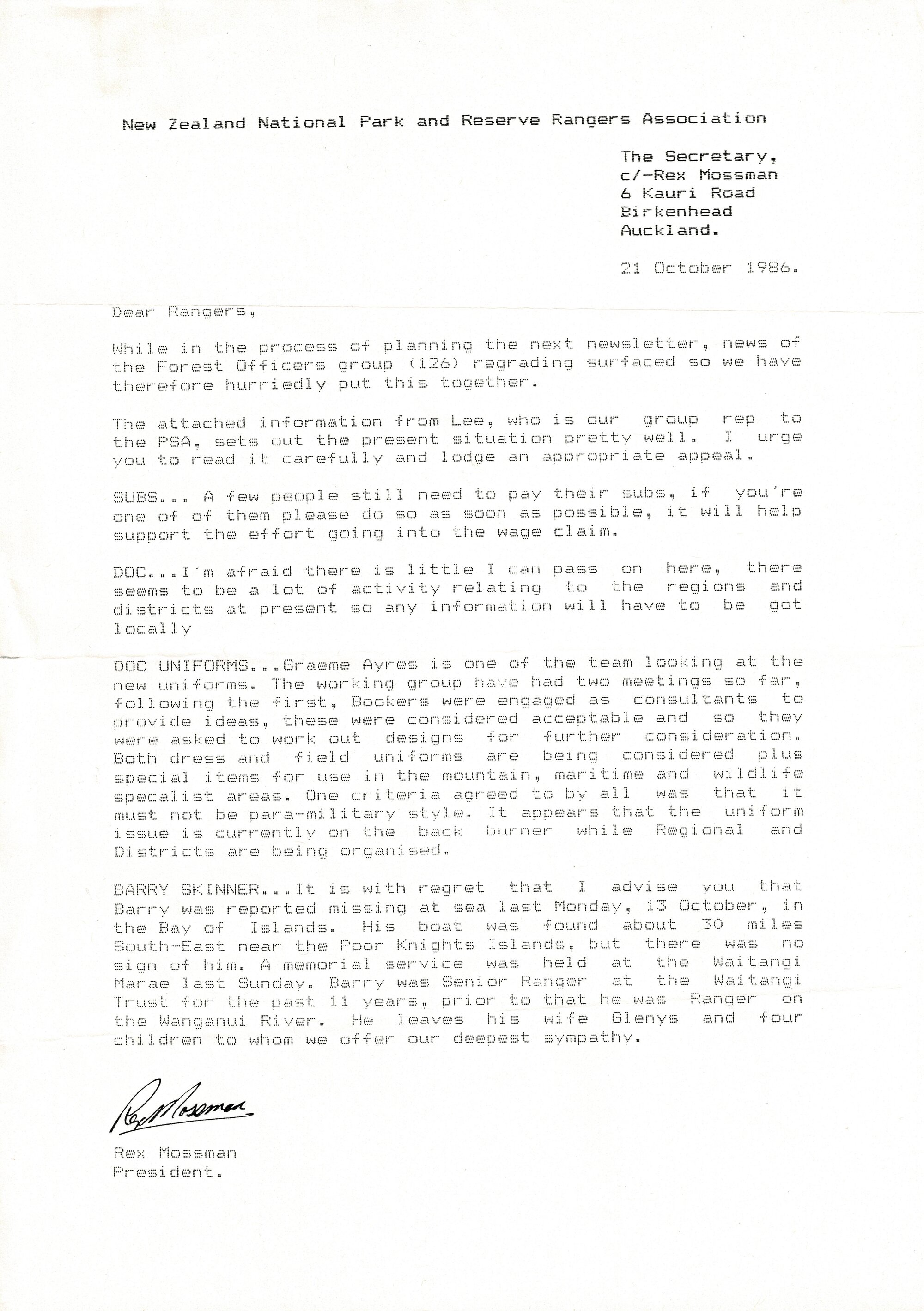 Rangers Association President's Report-21 October 1986 
