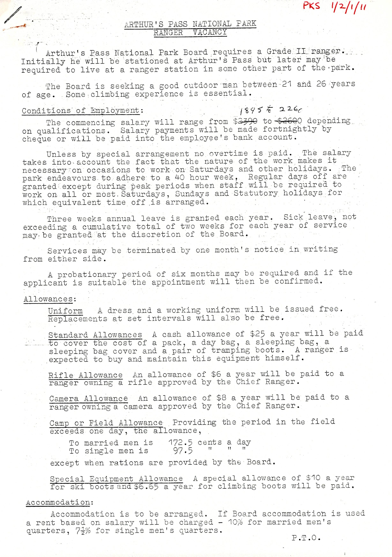 Arthurs Pass Ranger vacancy 1968