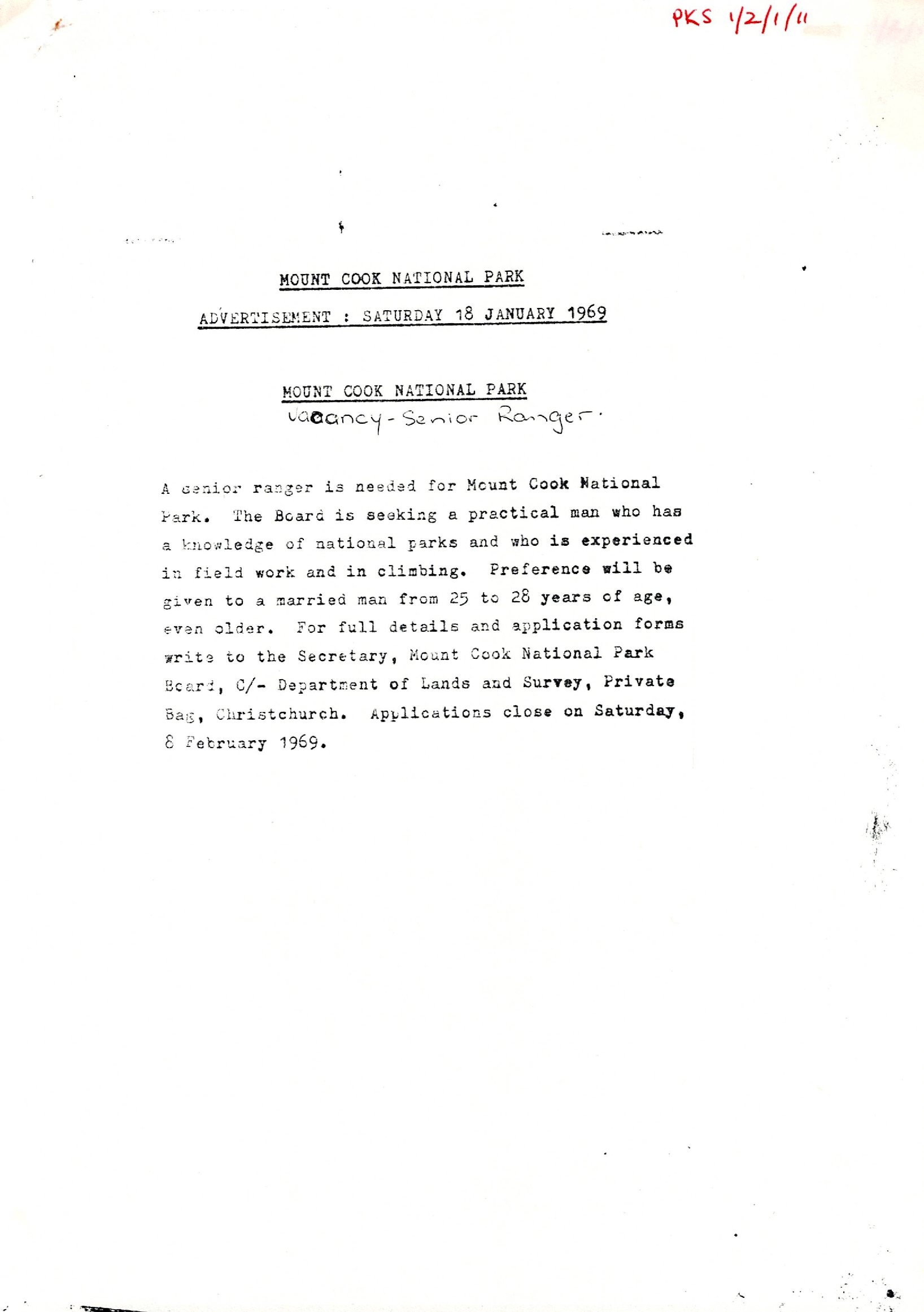 Mount Cook Ranger Position Description1965