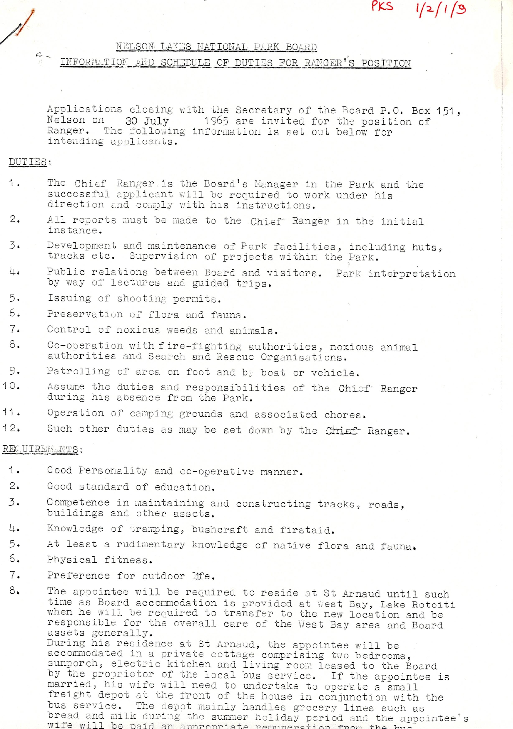 Nelson Lakes Ranger Position Description 1965