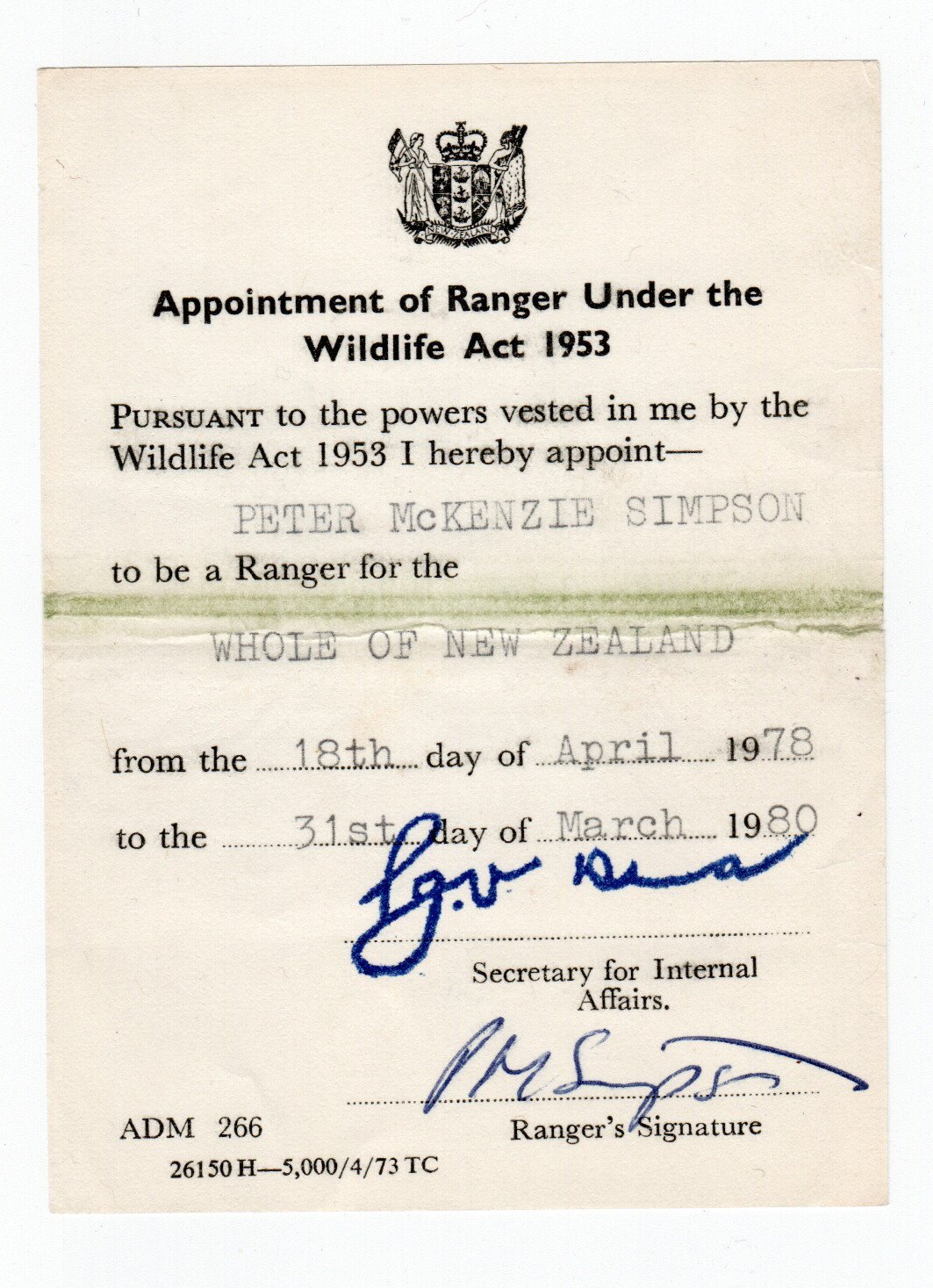 Ranger Warrant (Wildlife Act) 