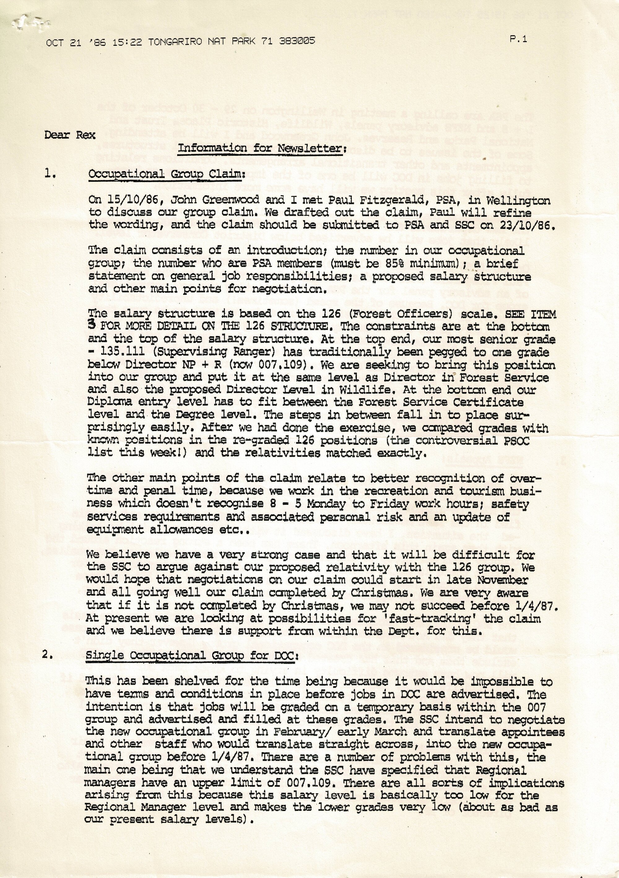 Rangers Association Information for Newsletter-21 October 1986