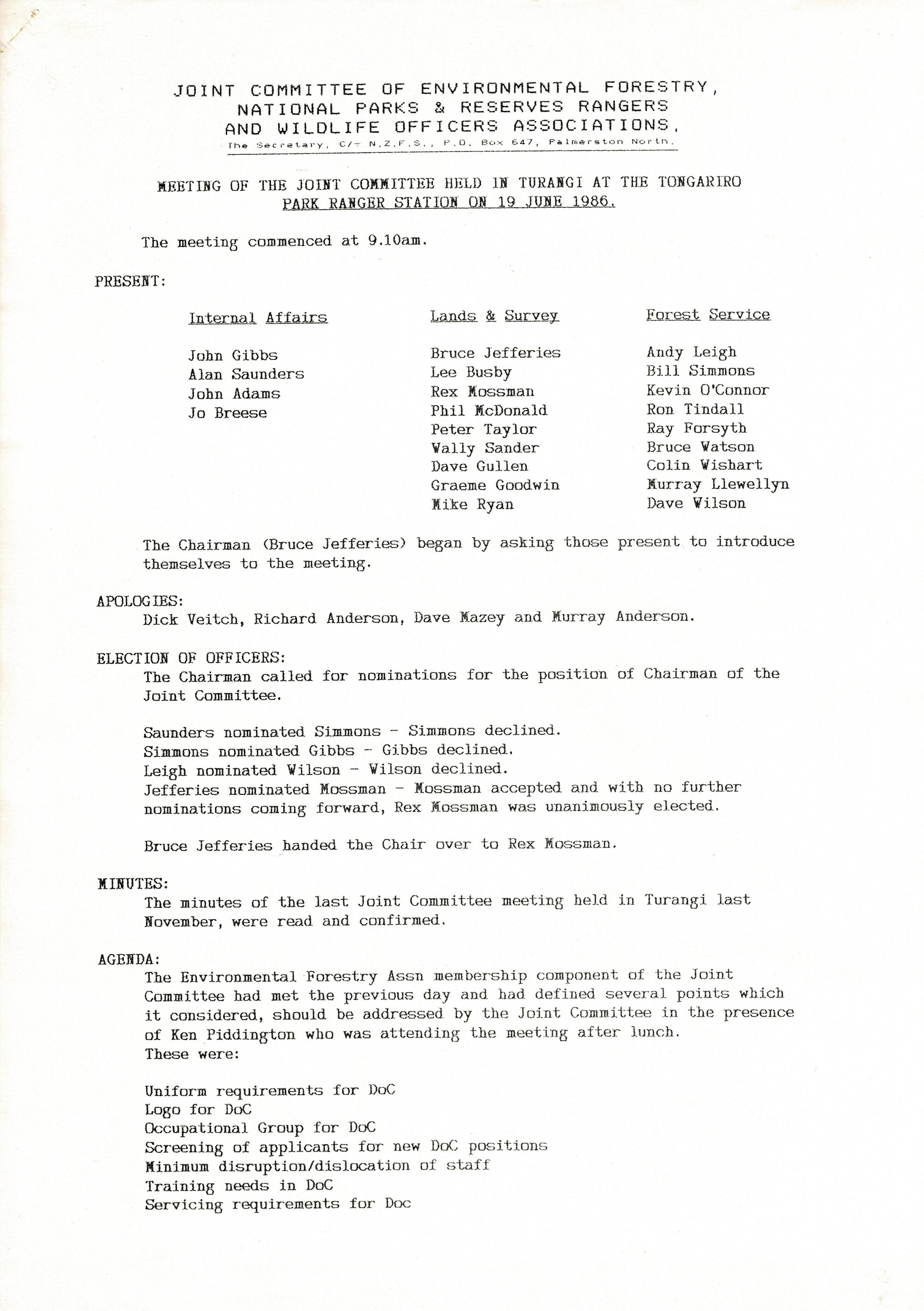 19 June 1986-Minutes of the Joint Committee of Forestry, NP&amp;R Rangers and Wildlife Officers Associations
