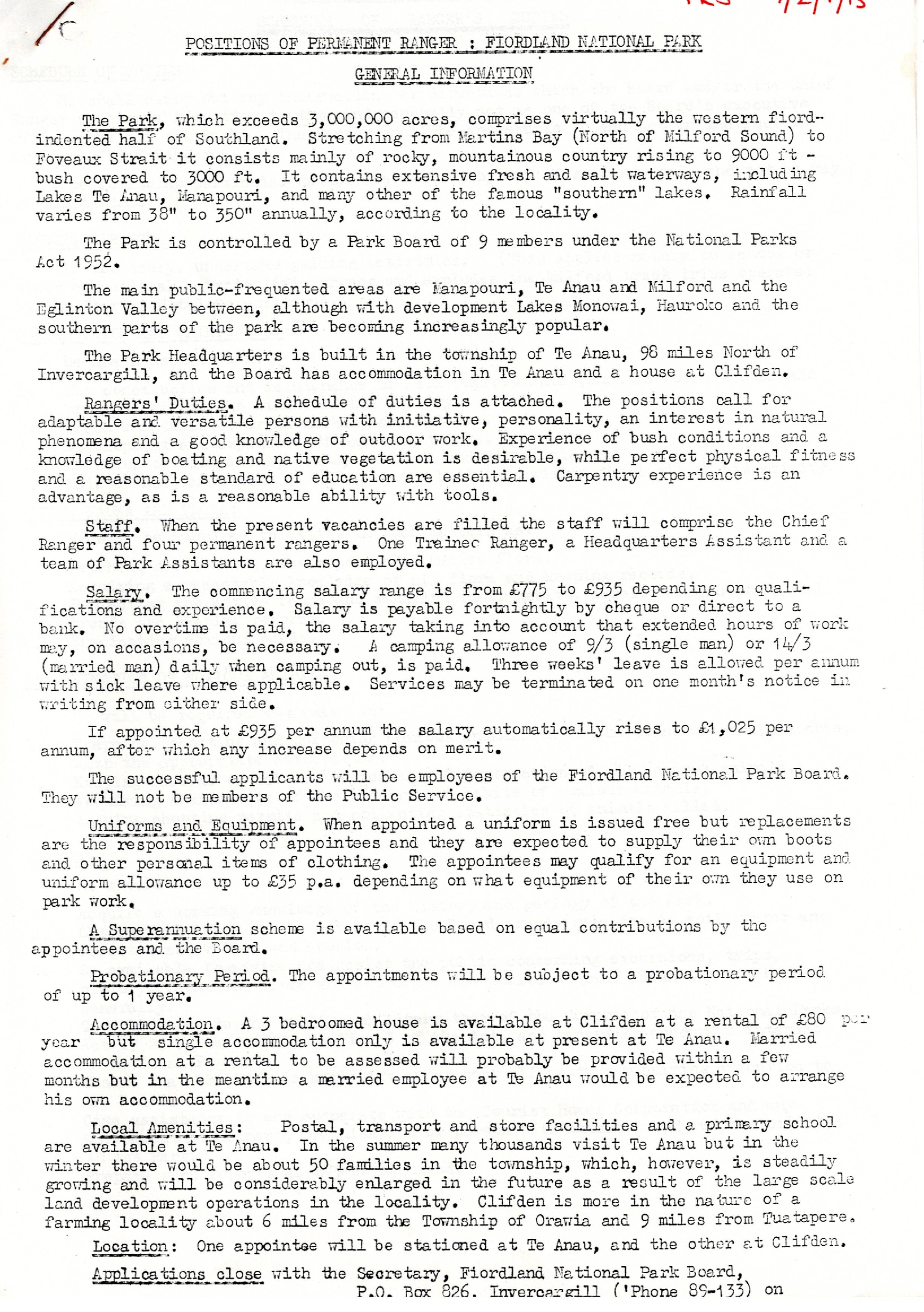 Positions of Permanent Ranger - Fiordland 