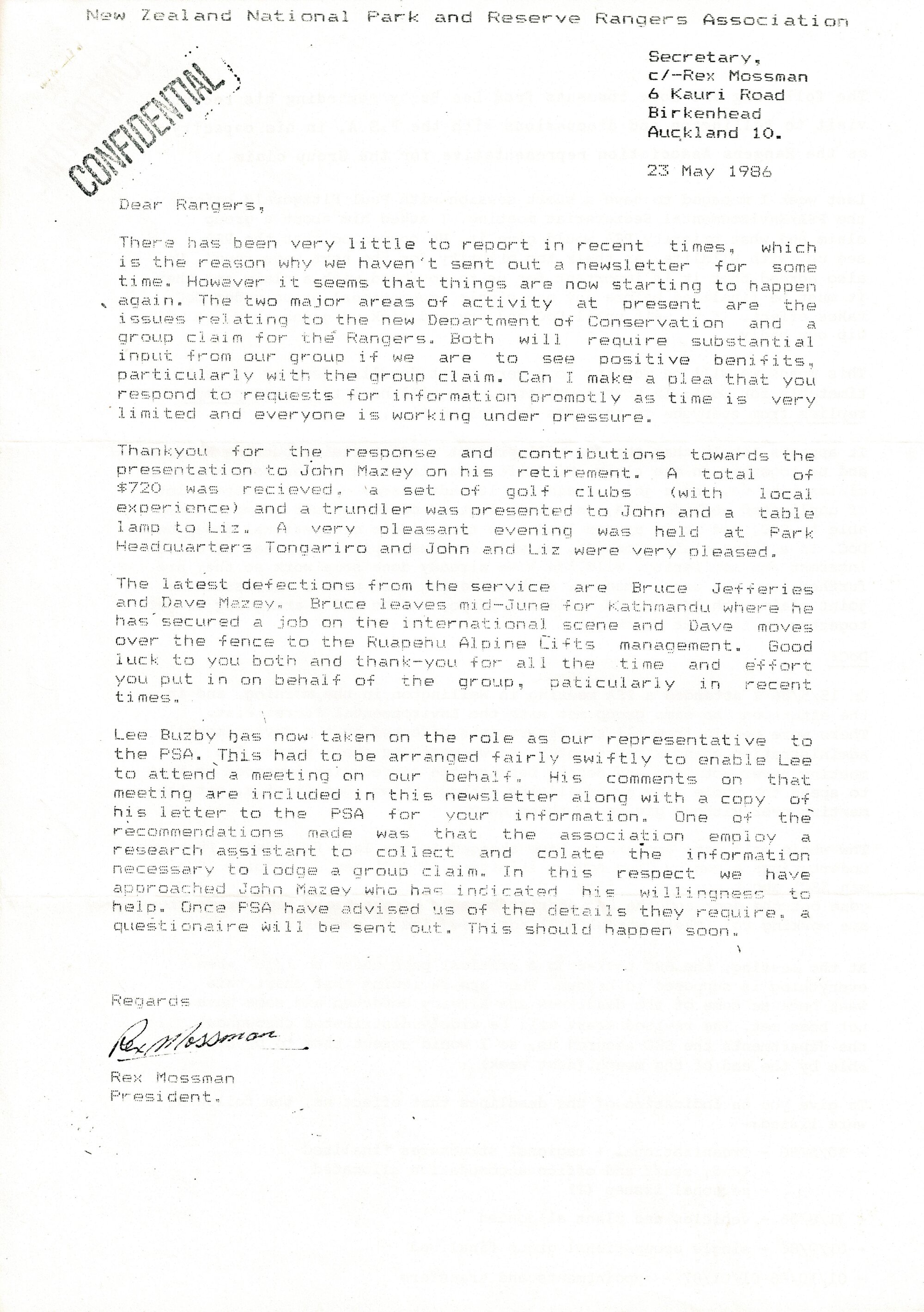 Rangers Association Newsletter and claim information-23 May 1986