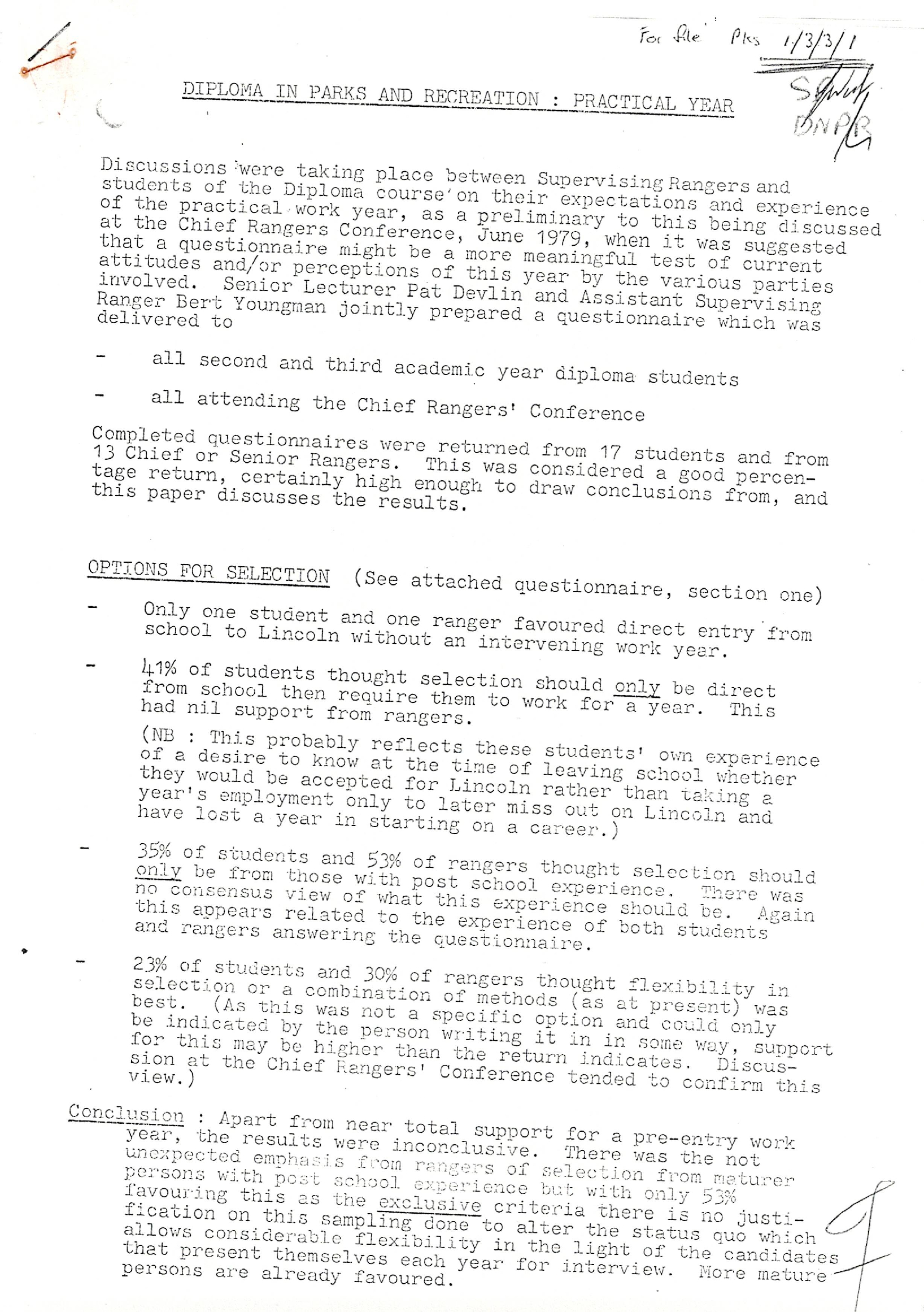 Diploma in Parks and Recreation Practical Year