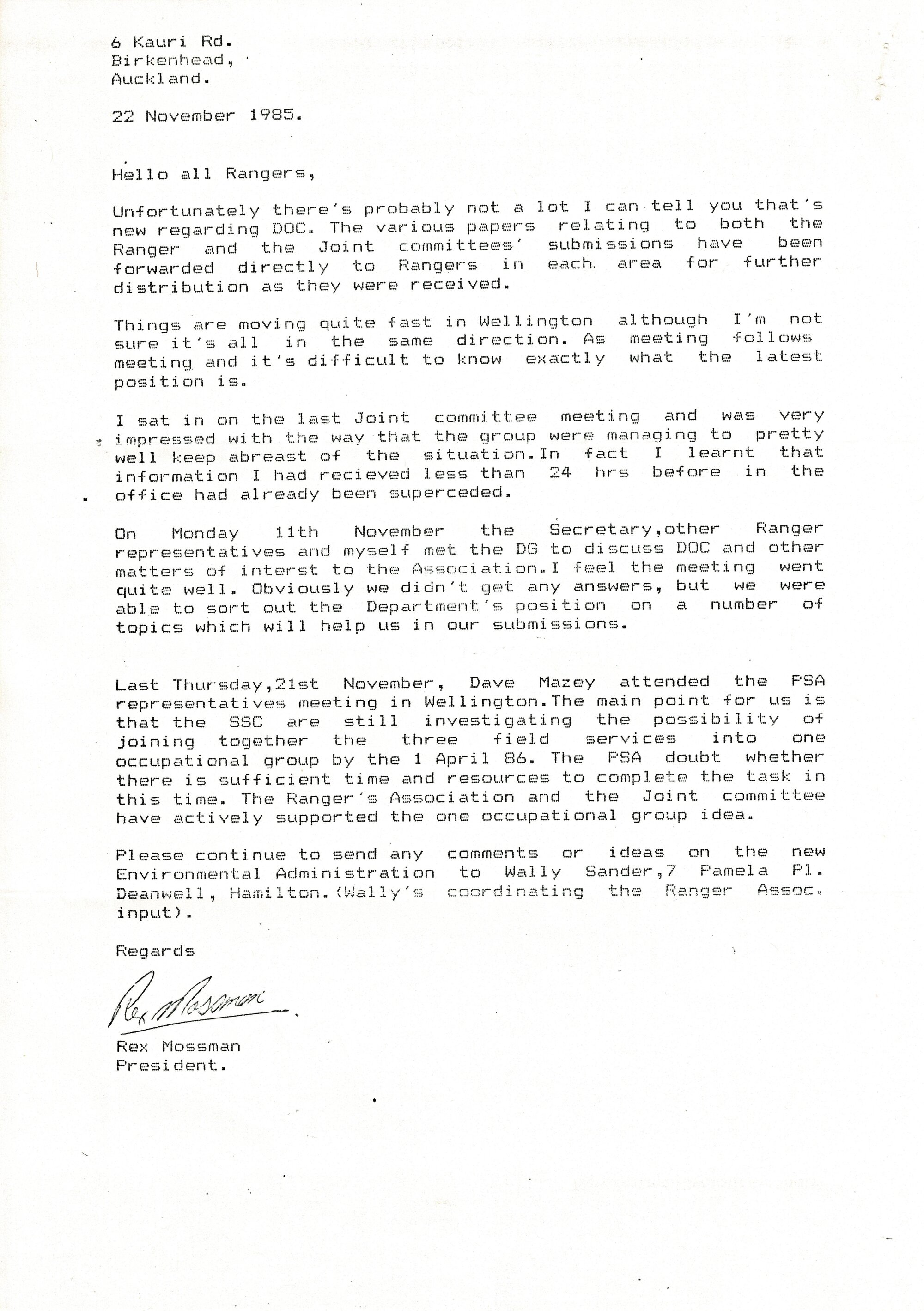 Rangers Association Newsletter and subs request-22 November 1985