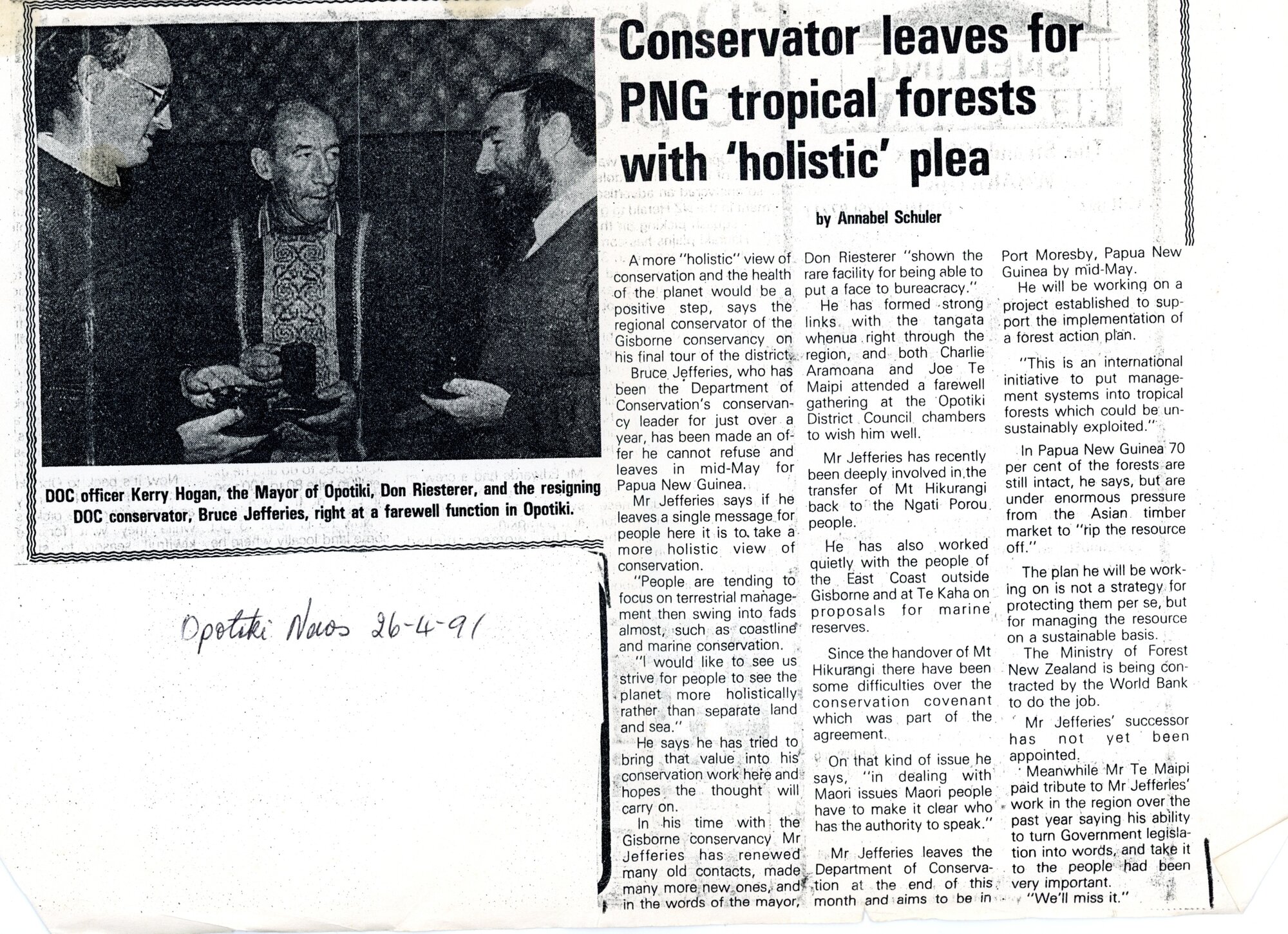 Bruce Jefferies Leaves DOC Gisborne for Papua New Guinea Posting 1991