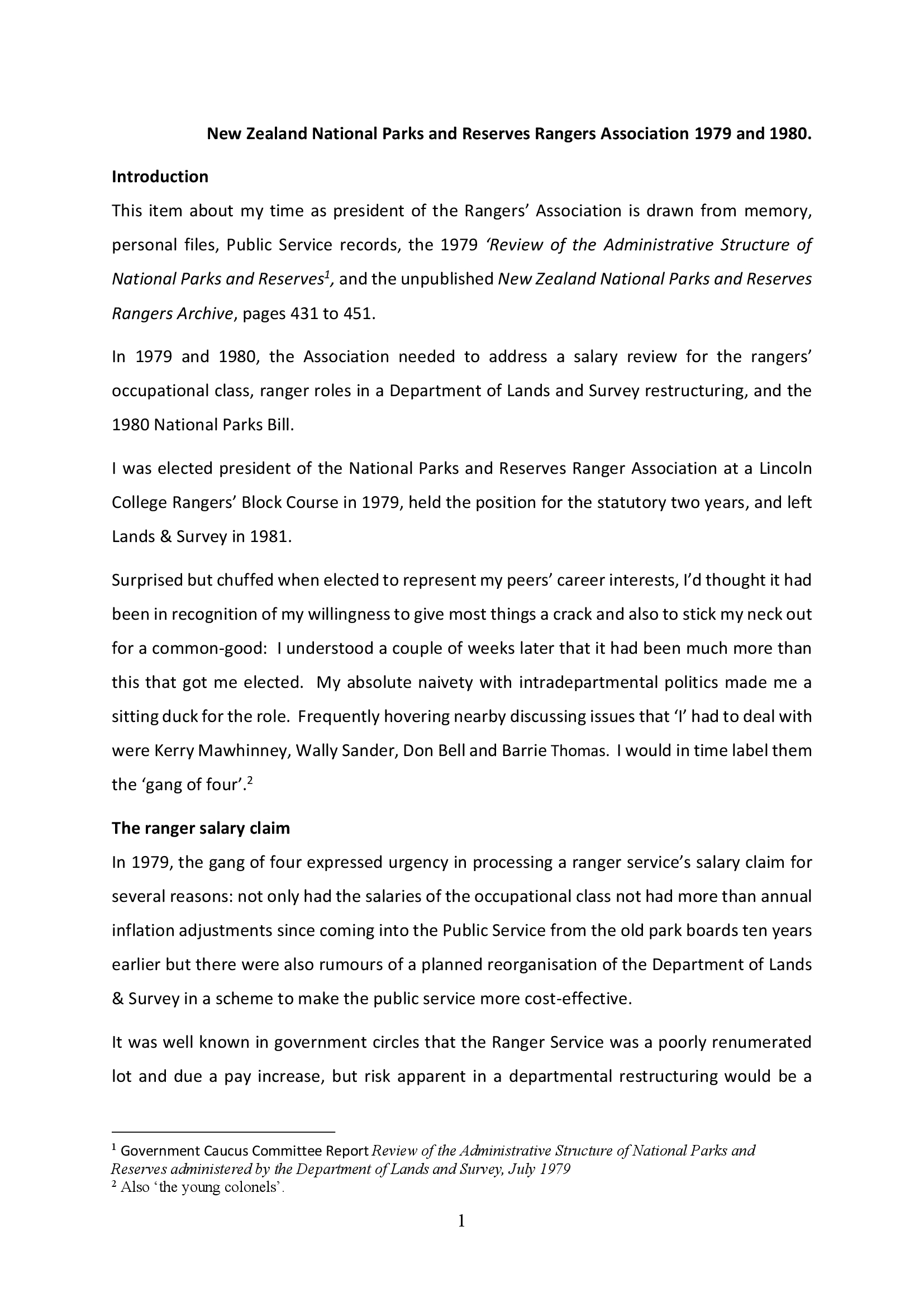 New Zealand National Parks and Reserves Rangers Association 1979 and 1980.