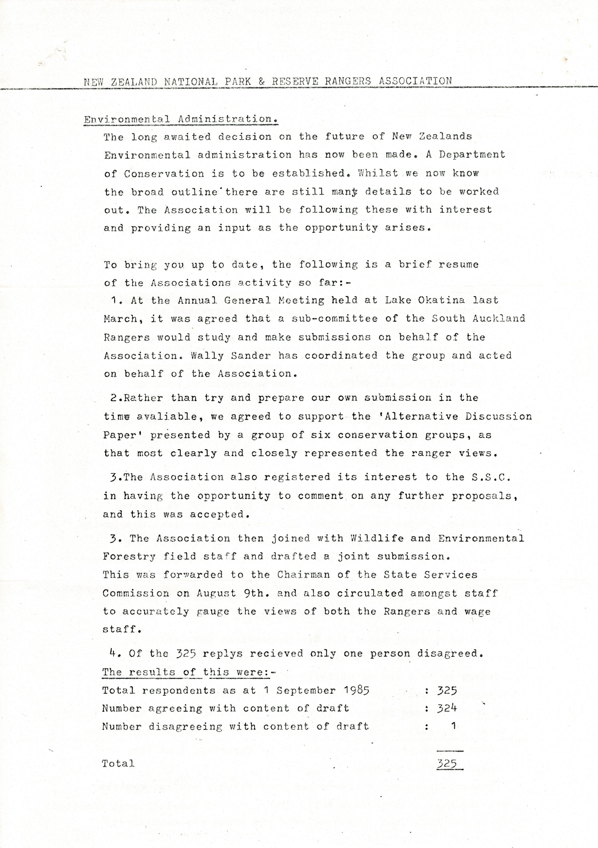 Rangers Association Occupation Claim-September 1985