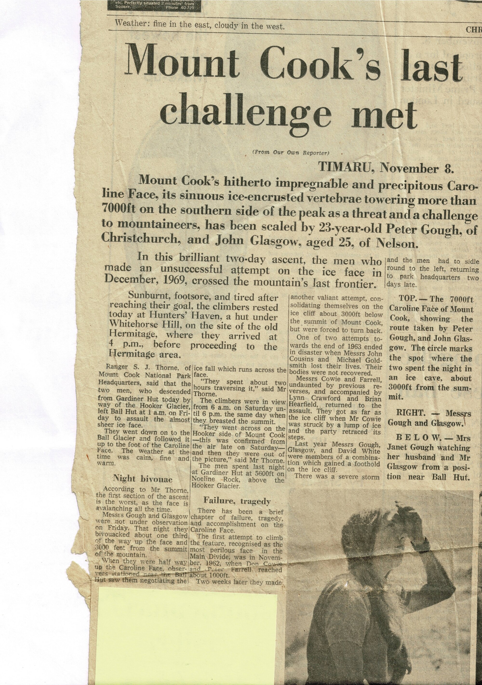 "Mount Cook's last challenge met"-The Press 9/11/1970
