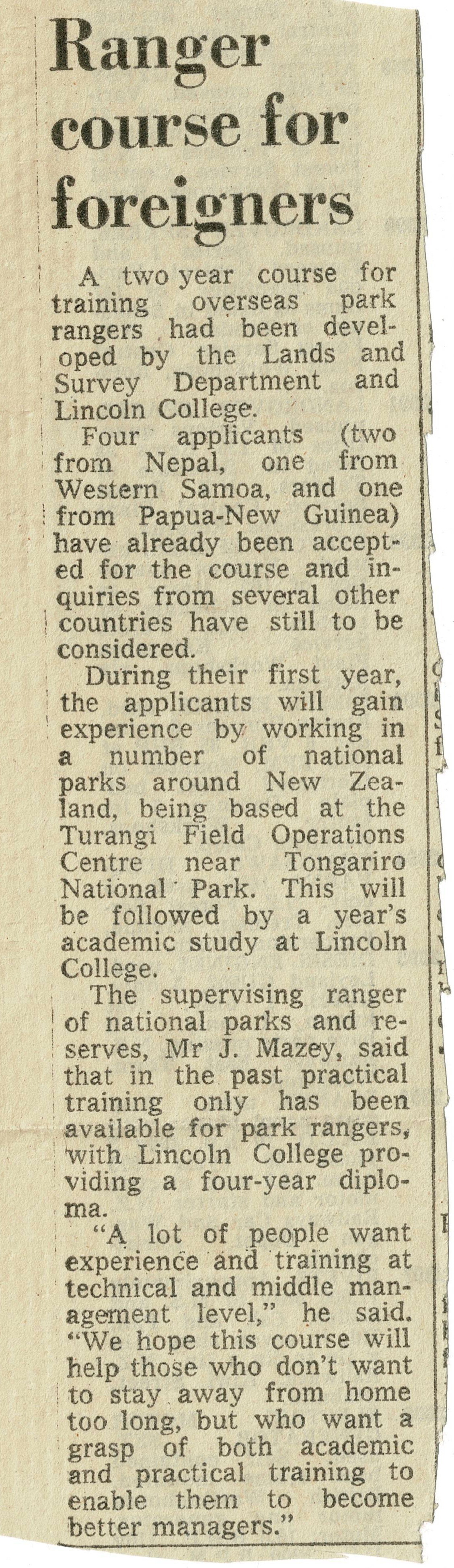 "Ranger course for foreigners" - Newspaper clipping