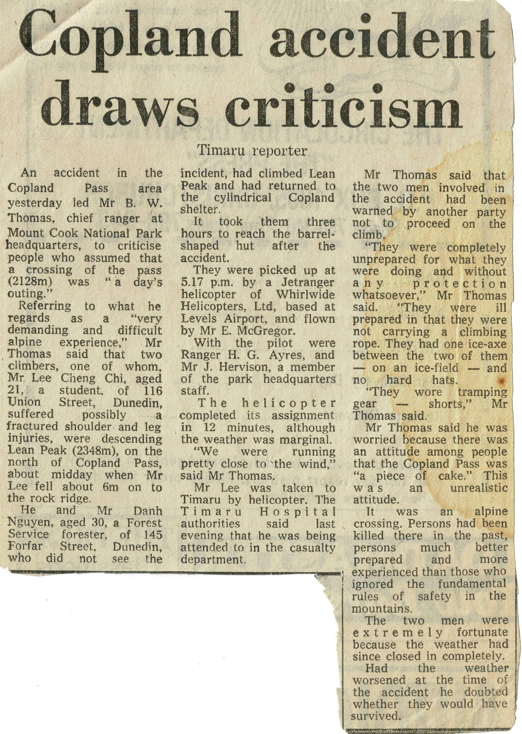 "Copland accident draws criticism" - Newspaper clipping