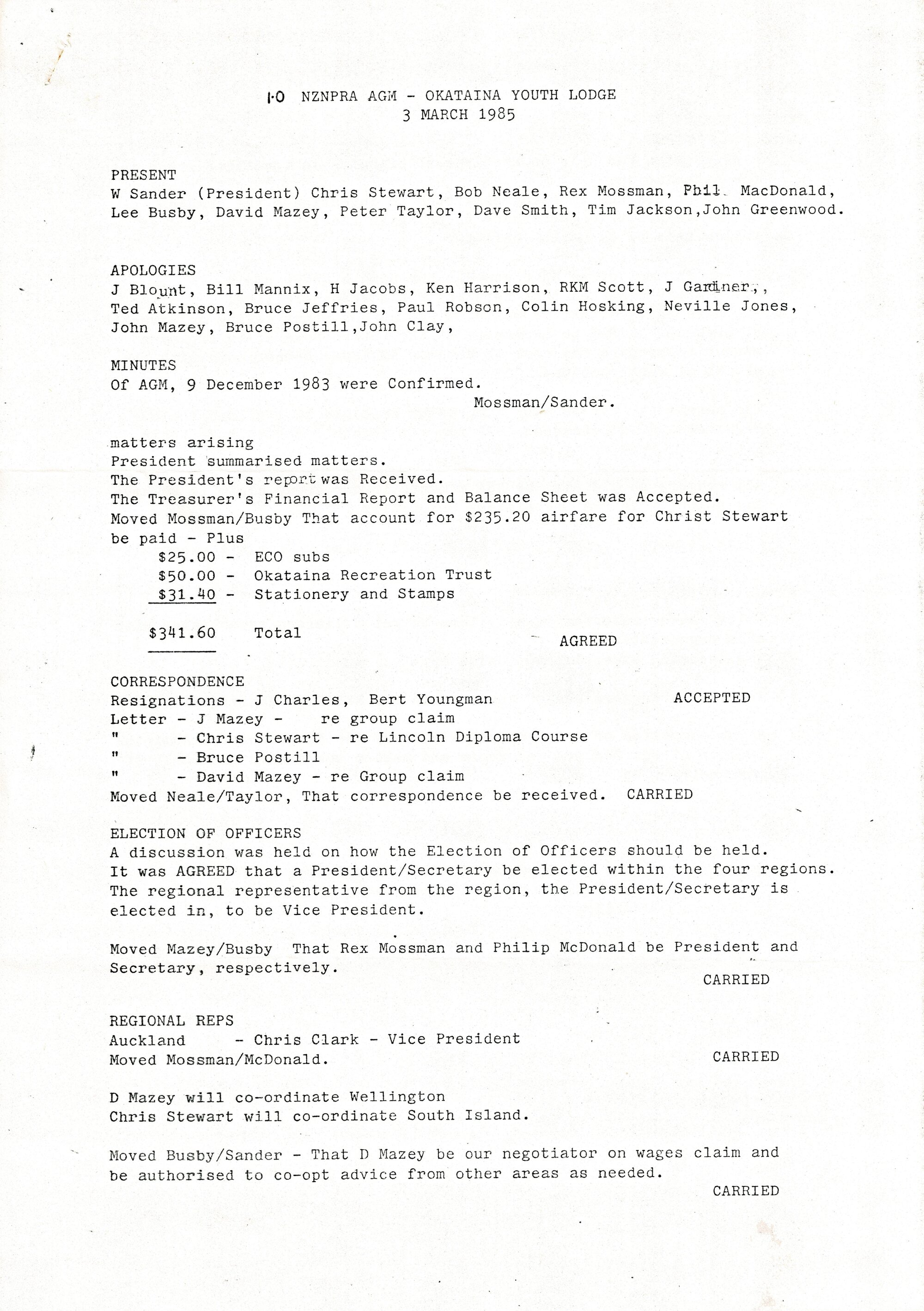 Rangers Association AGM Minutes-3 March 1985
