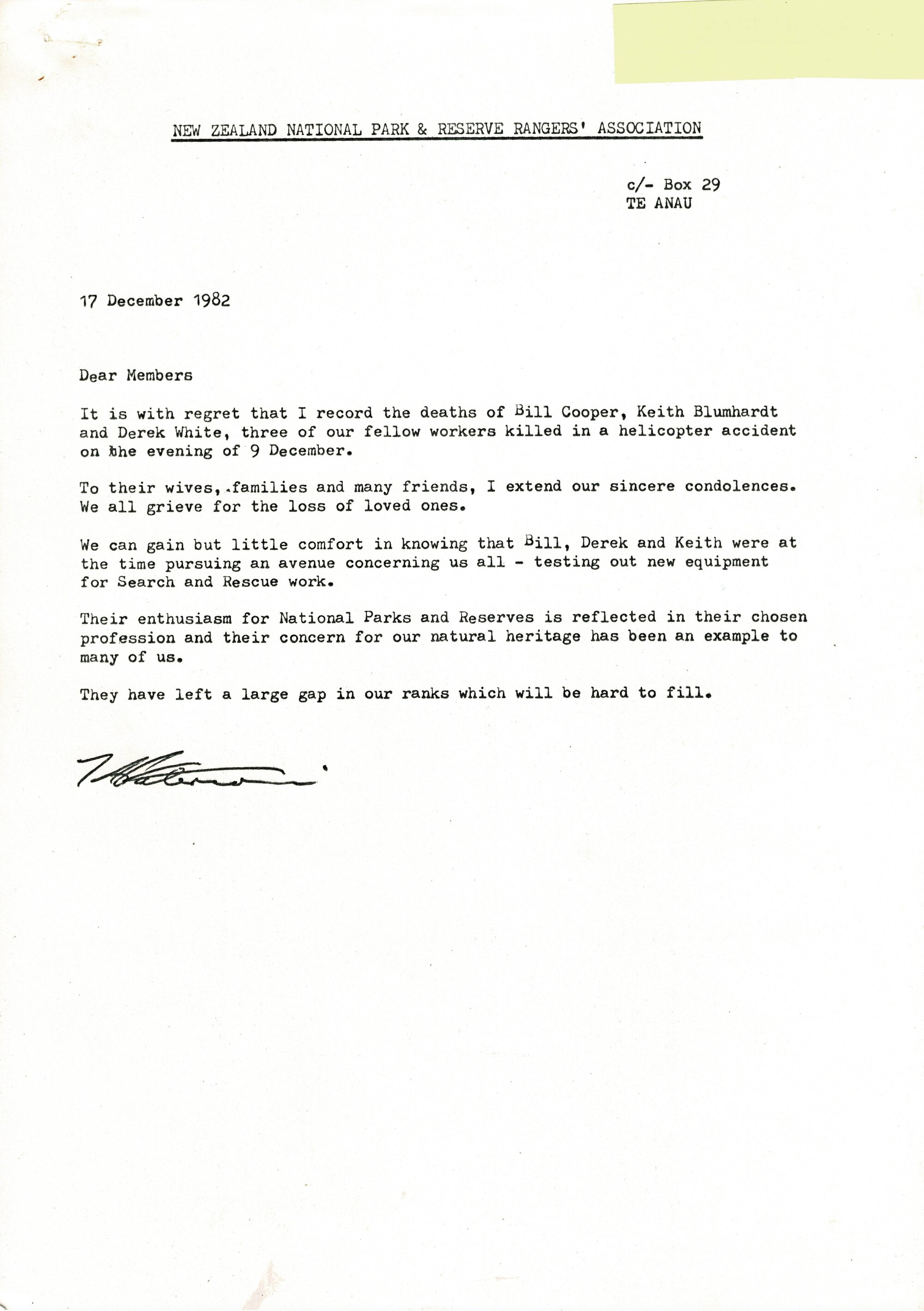 Rangers Association Letter regarding the deaths of Bill Cooper, Derek White and Keith Blumhardt -17 December 1982