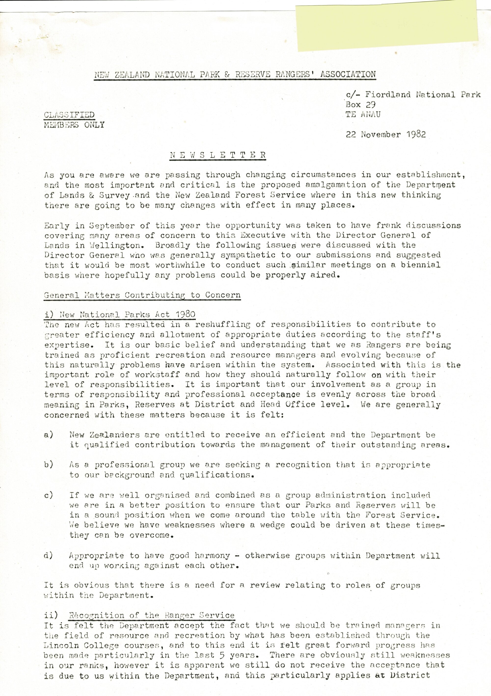 Rangers Association Newsletter-22 November 1982