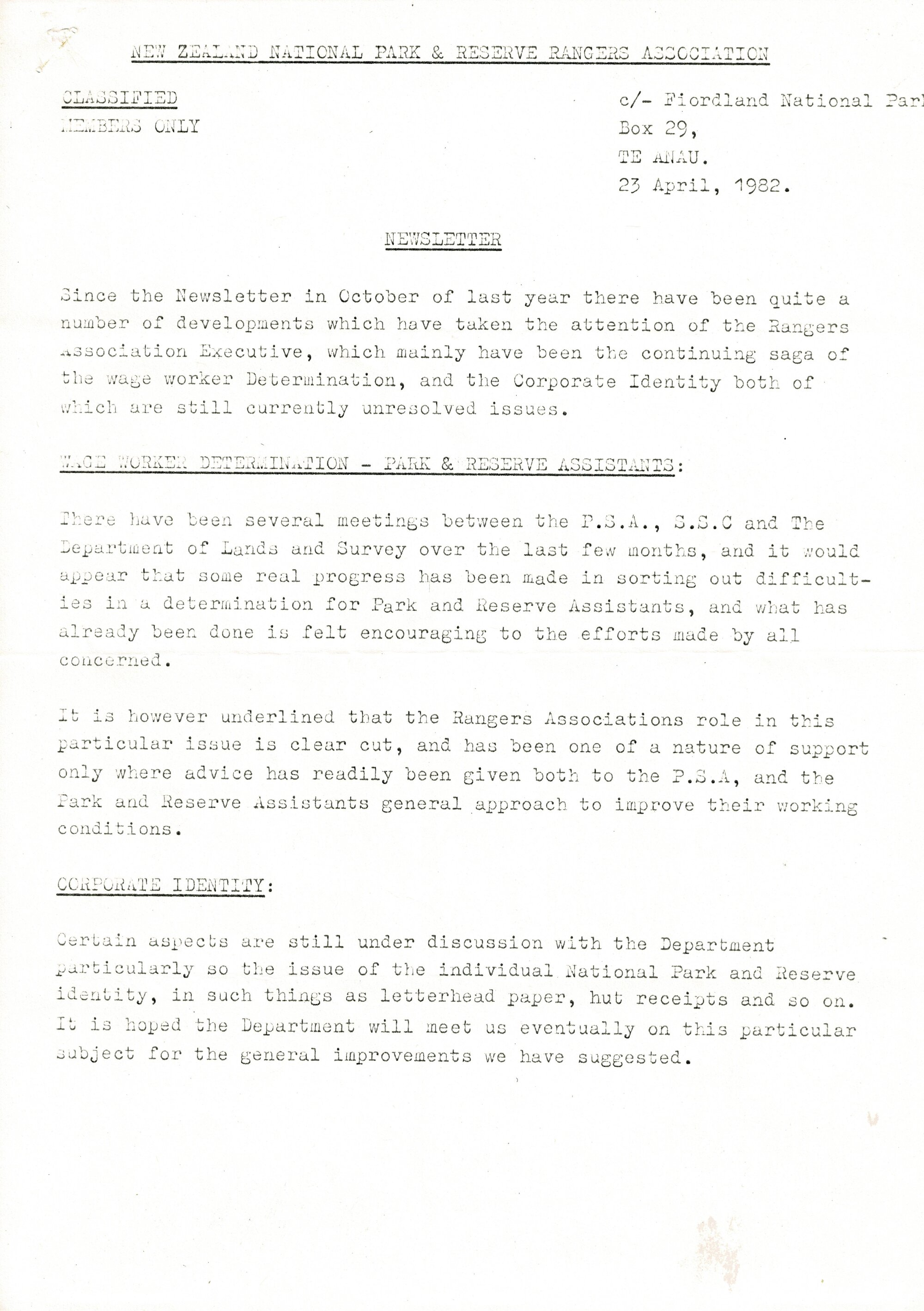Rangers Association Newsletter-23 April 1982