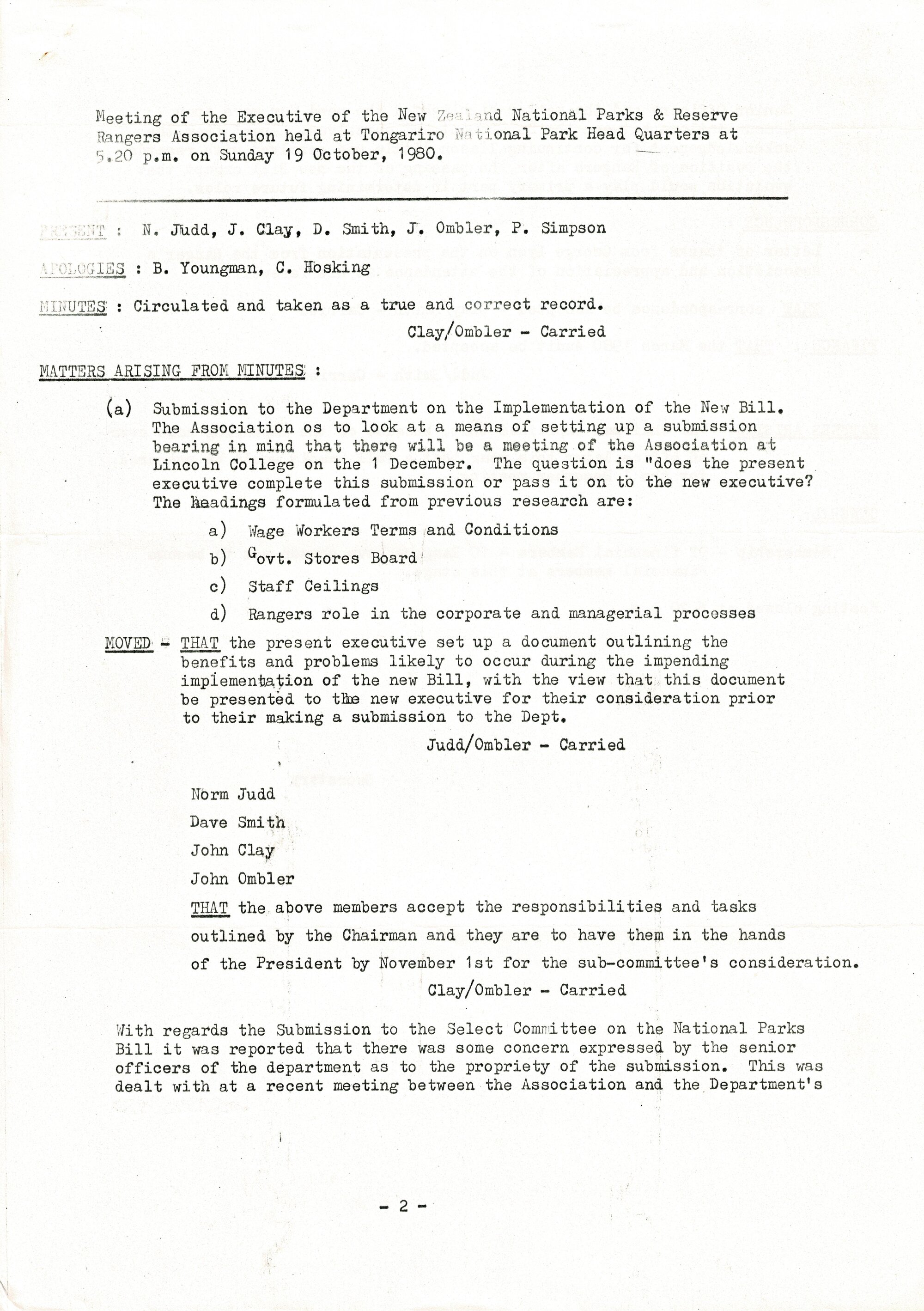 Rangers Association Minutes of Executive Meeting-10 October 1980