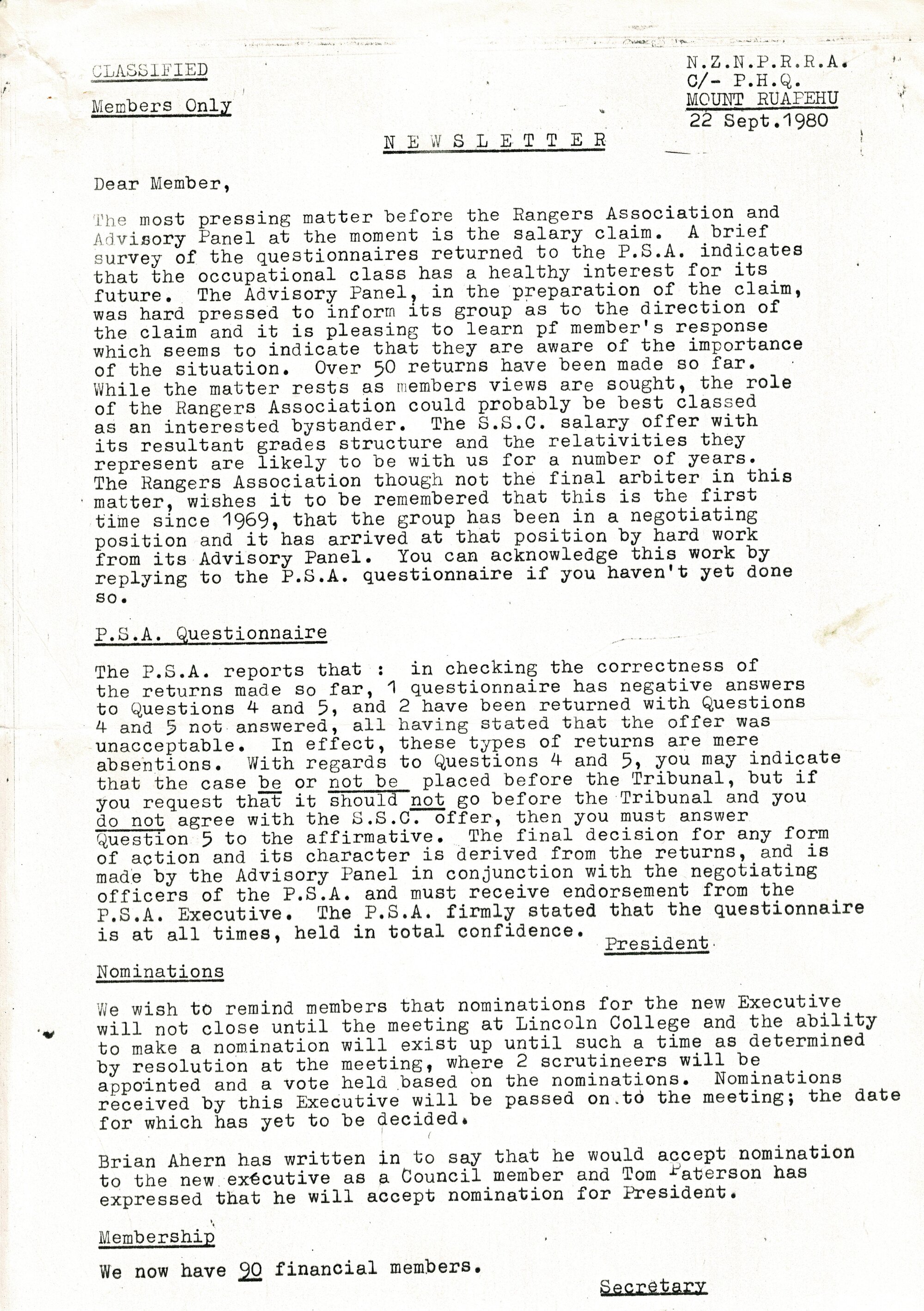 Rangers Association Newsletter-22 September 1980