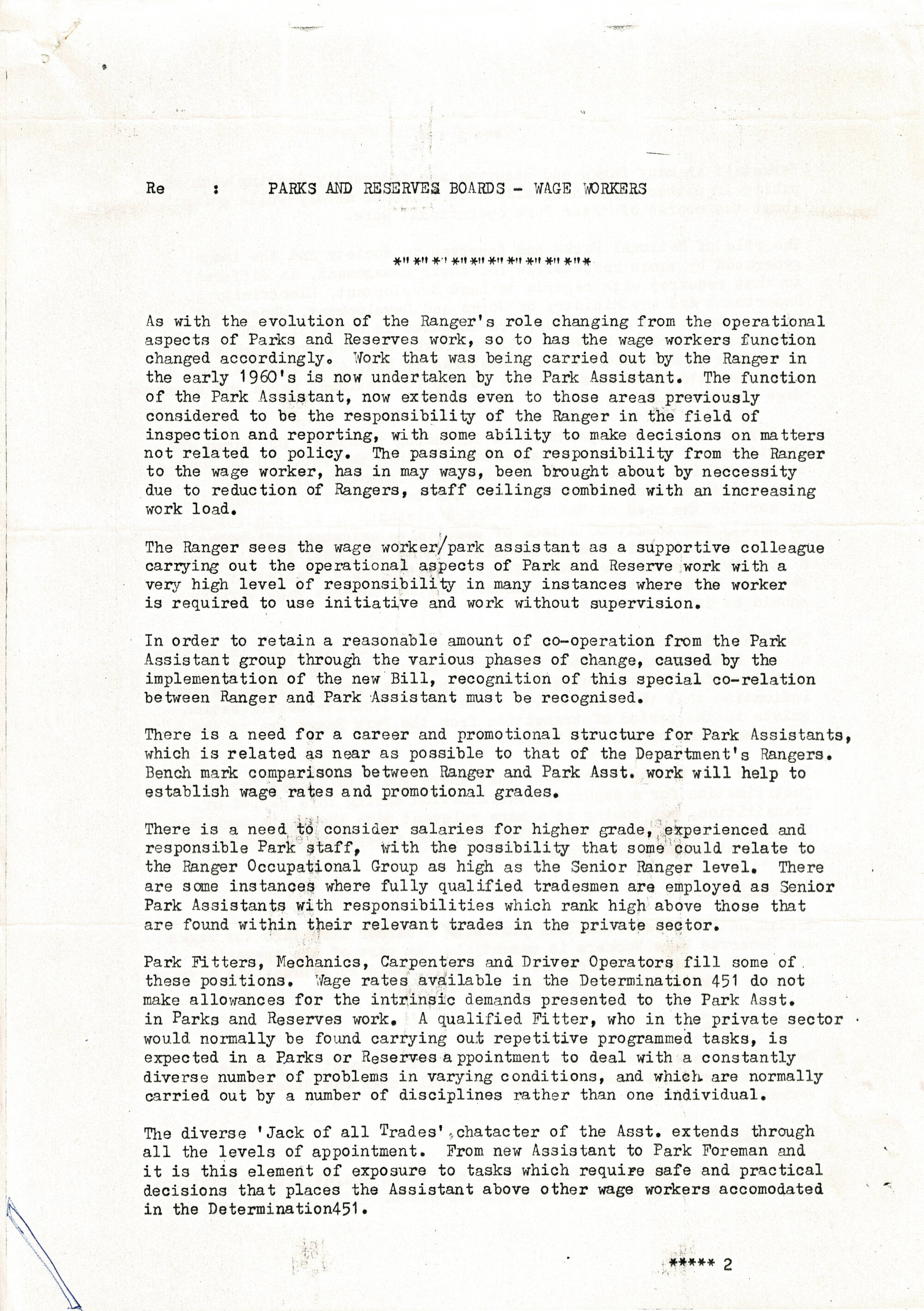 Rangers Association Report on wage workers-August 1980