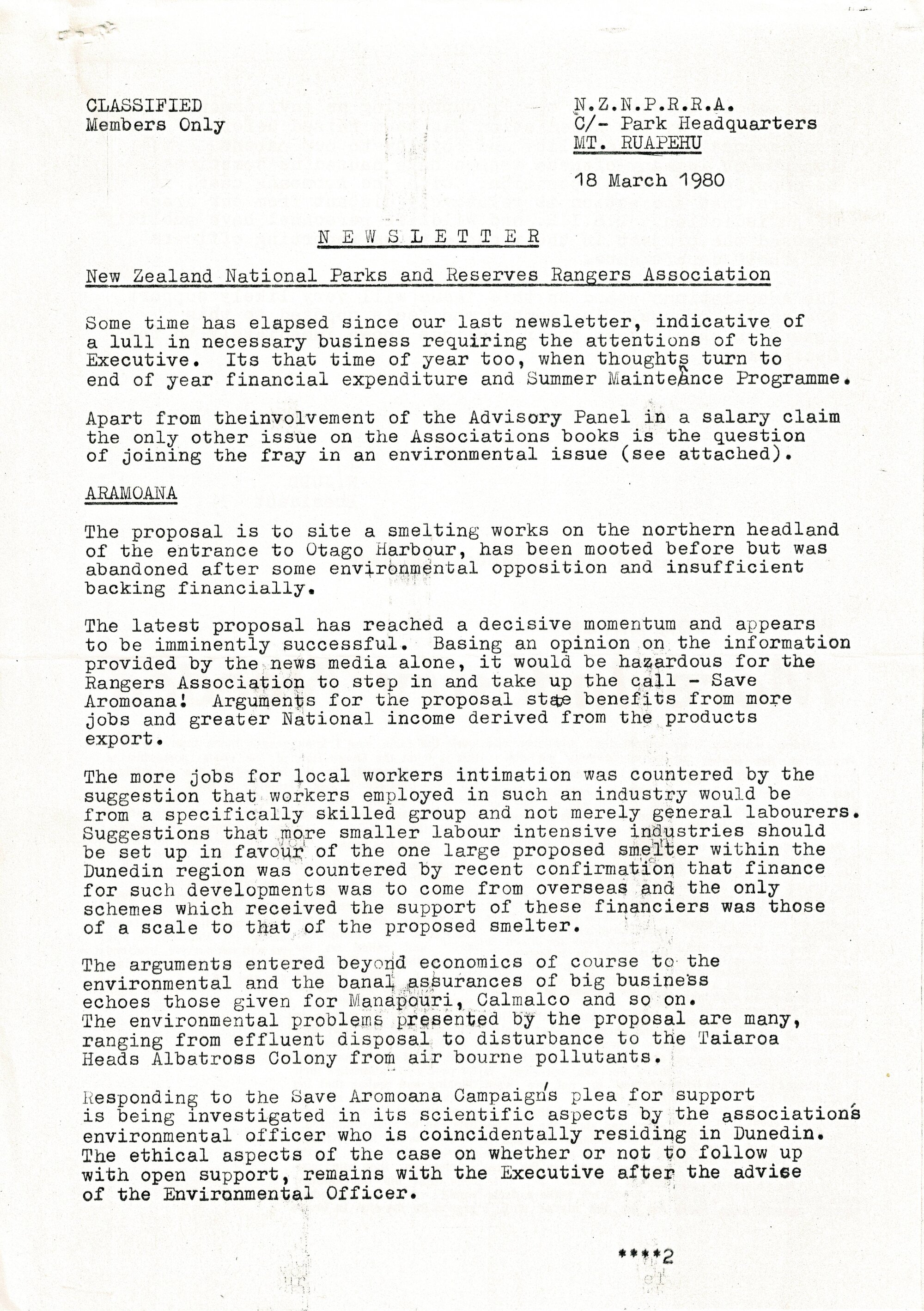 Rangers Association Newsletter (Aramoana Campaign)-18/3/1980