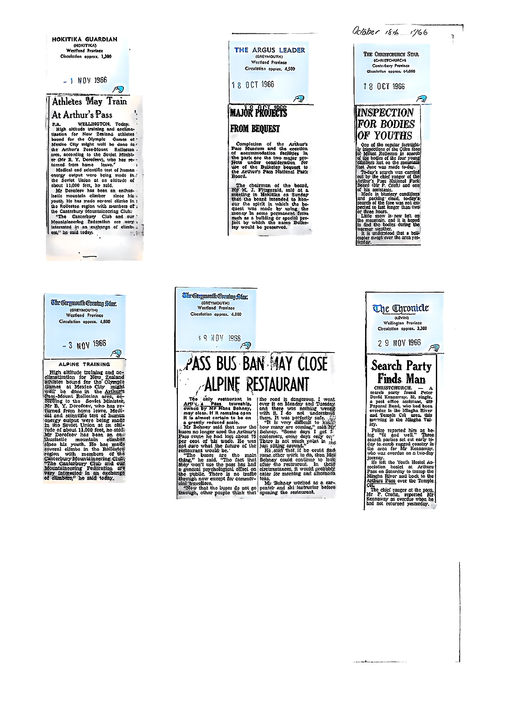 Miscellaneous October-December 1966: Arthur's Pass National Park