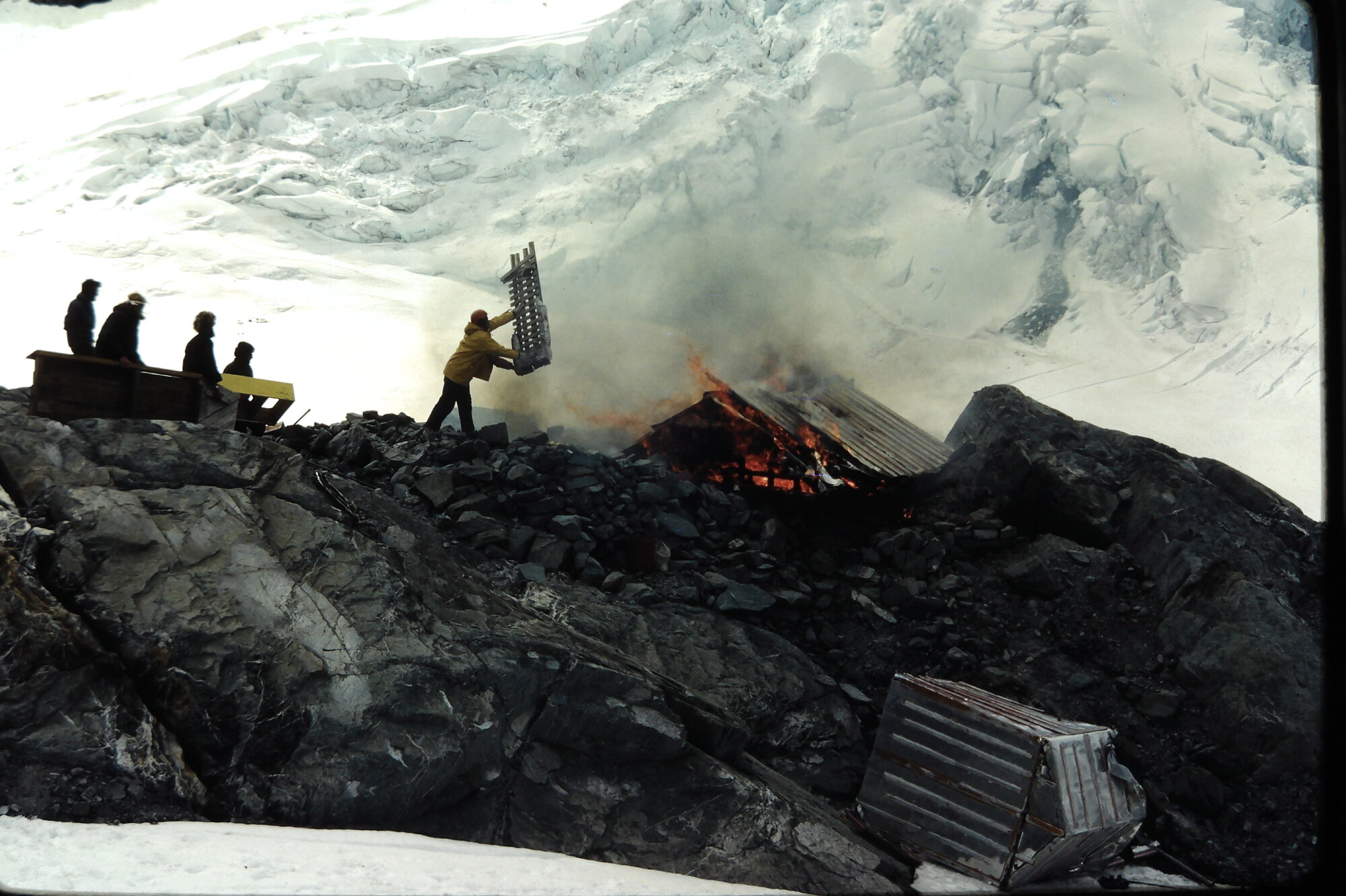 Murchison Hut being burnt down: Aoraki Mount Cook National Park
