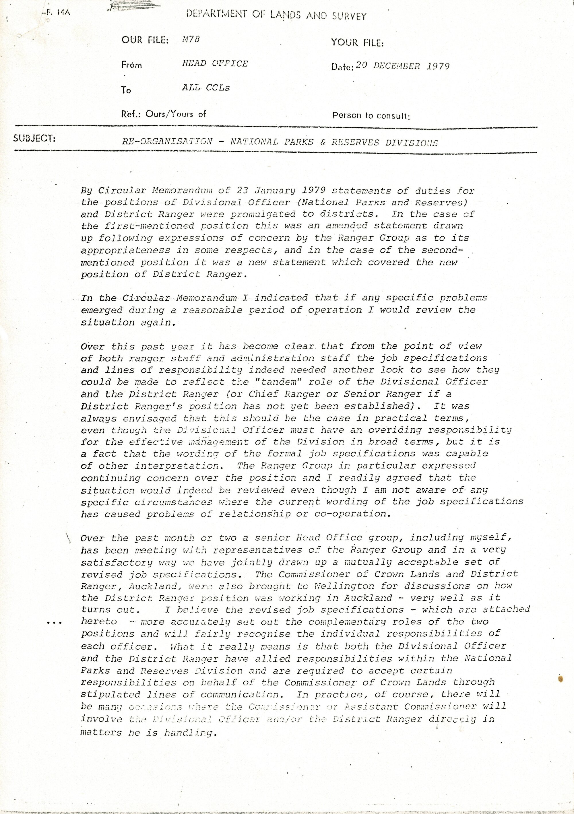 Rangers Association Memo: Reorganisation National Parks and Reserves divisions-20 December 1979-